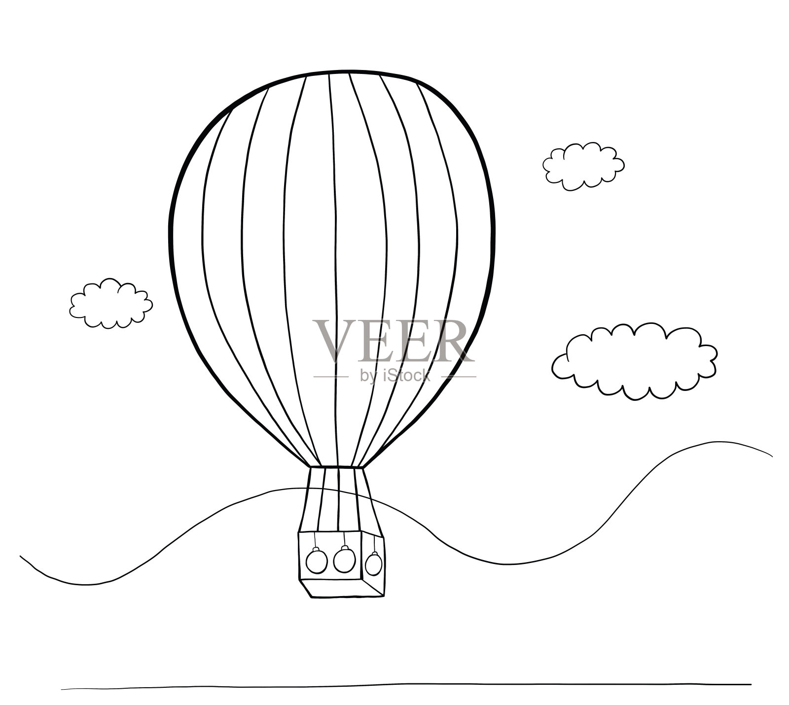 手绘的热气球矢量图。黑色的轮廓和白色的背景。插画图片素材