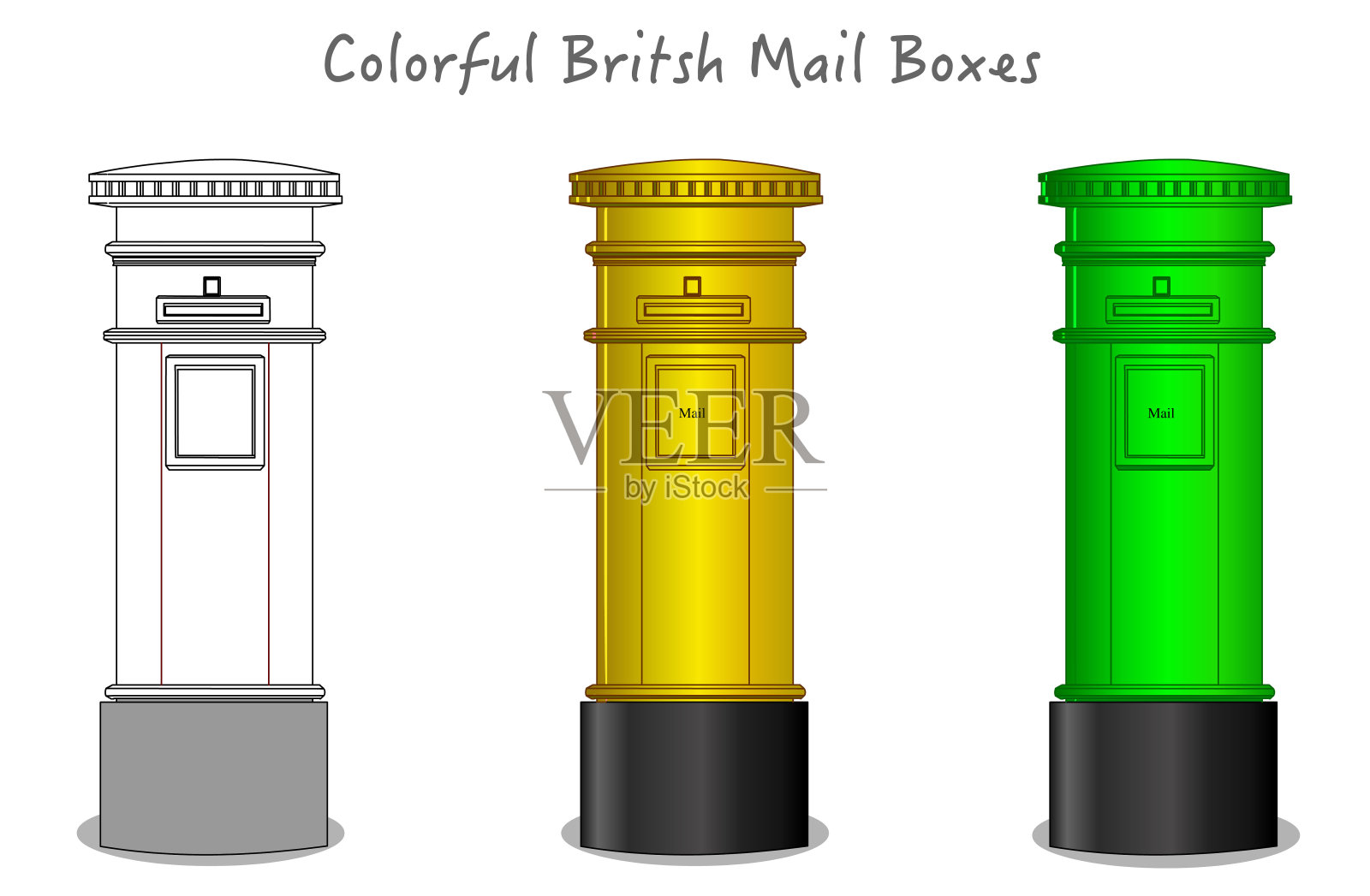 英国、伦敦五颜六色的邮箱、邮筒。绿色、黄色的邮箱设计。黑白、工艺图纸、彩色圆筒信箱。英国，英国古典文化物品。未来艺术画矢量设计元素图片