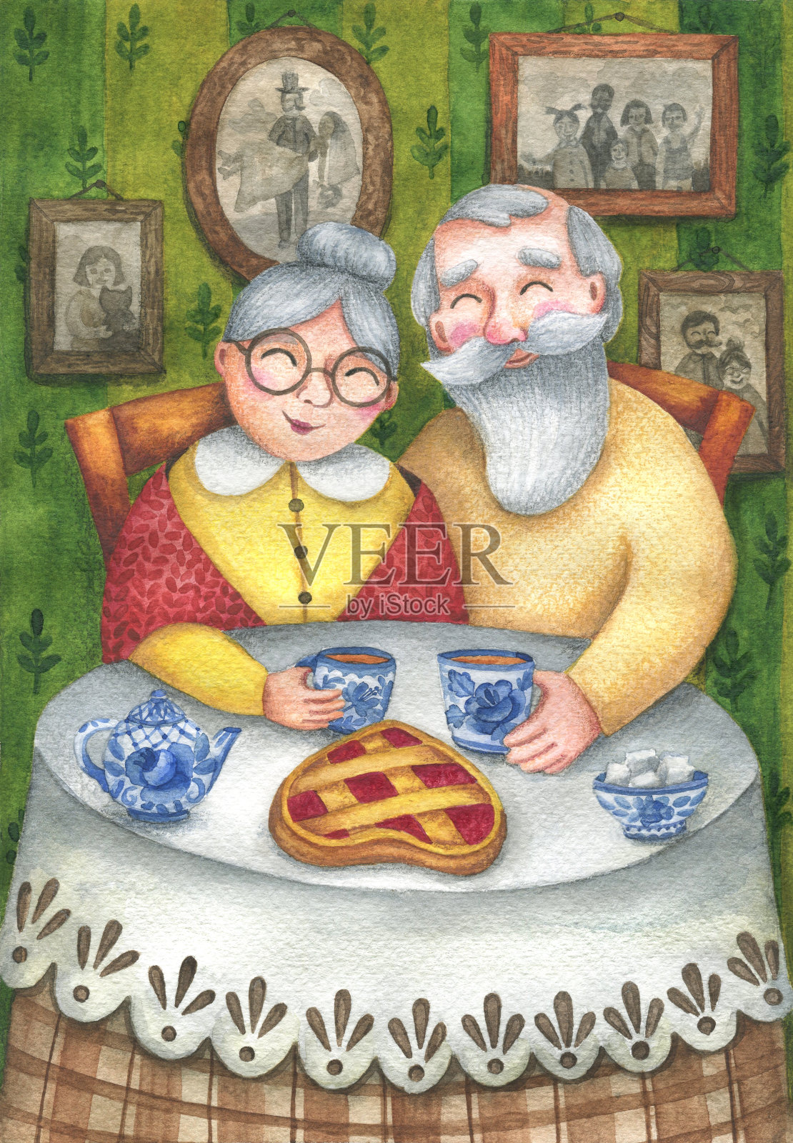 老人的家庭茶话会。呆在家里真好。家庭中的爱。水彩插图。退休人员喝茶时吃点心。家庭日。检疫、隔离。可爱的情人节卡片插画图片素材