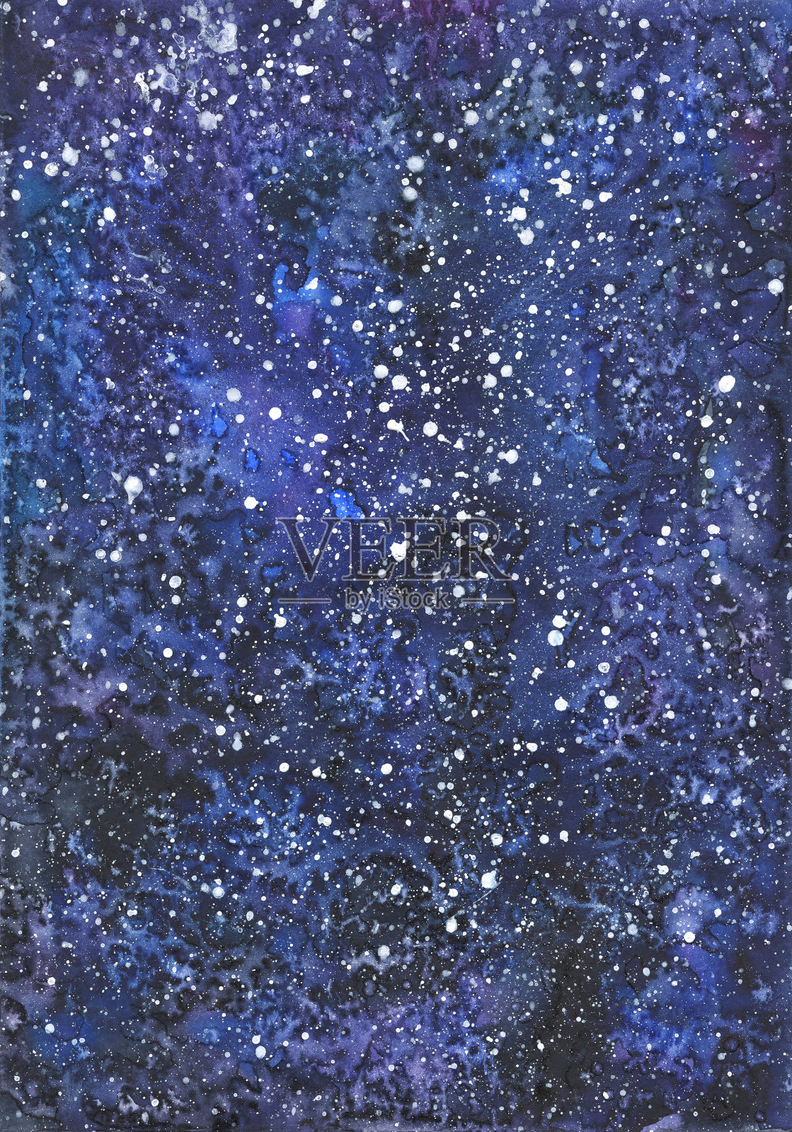 空间水彩背景。矩形底材，有深蓝色和紫色的阴影和星星状的斑点。星空纸设计。插画图片素材