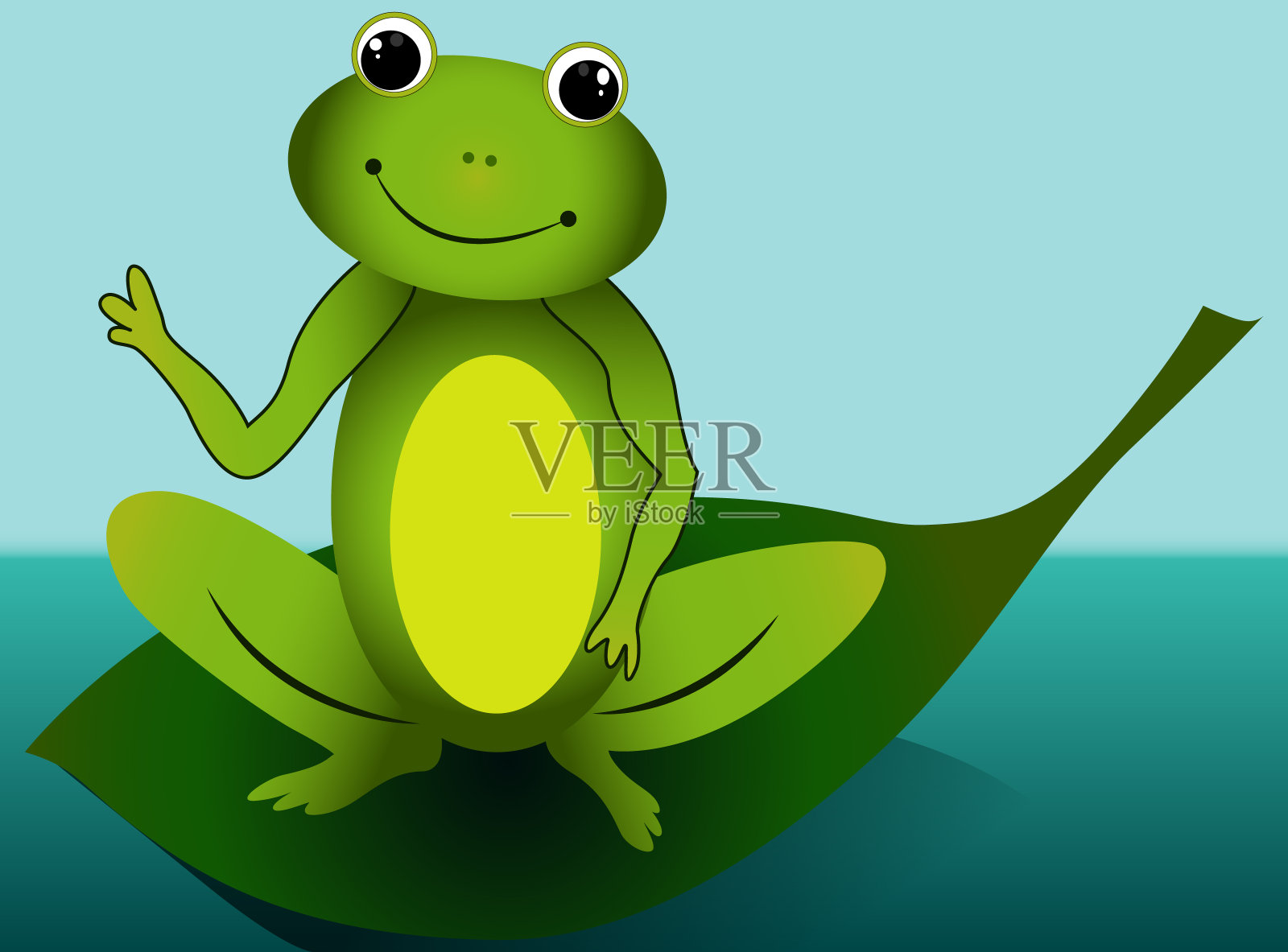 可爱的微笑，绿色的青蛙坐在树叶与池塘和天空。简单的矢量图插画图片素材