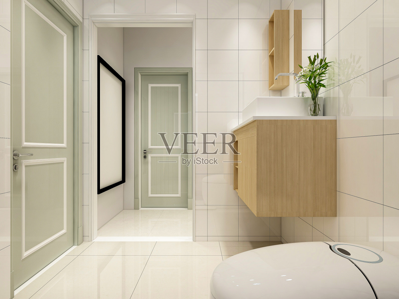 3D效果图，洁净现代住宅浴室及卫生间设计，配备盥洗台、卫生间、淋浴设备等。照片摄影图片