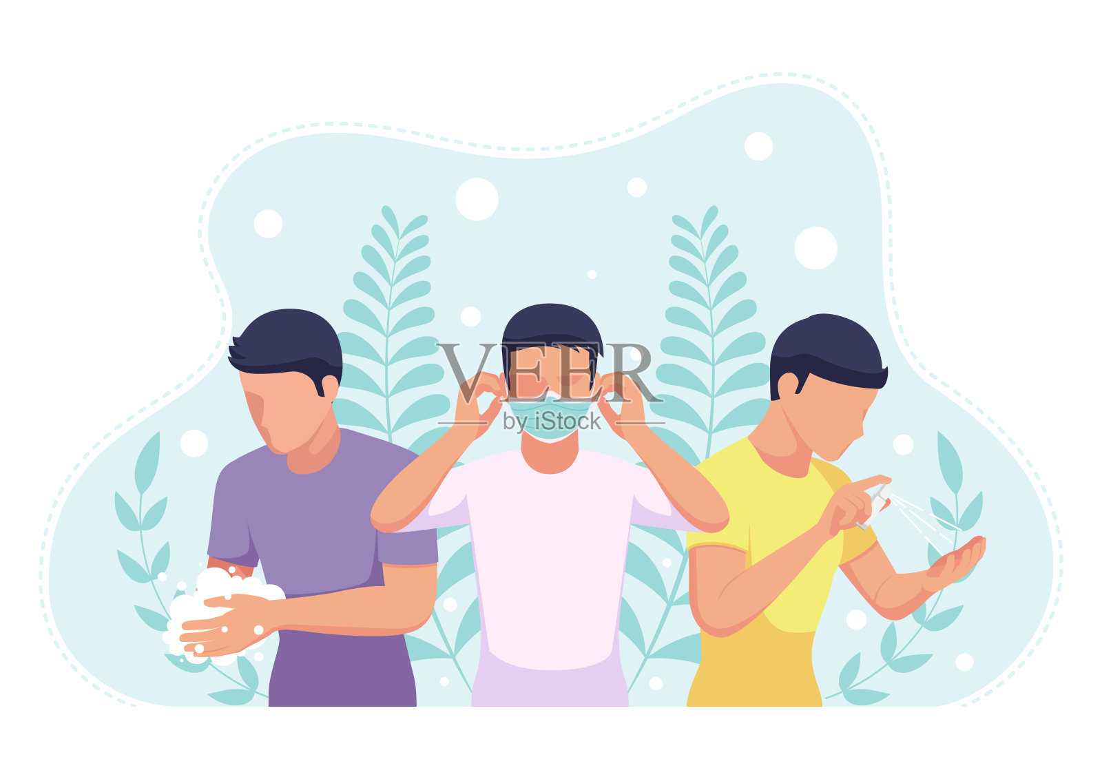 戴口罩的人要洗手，用酒精喷雾剂消毒，以预防COVID-19病毒设计元素图片