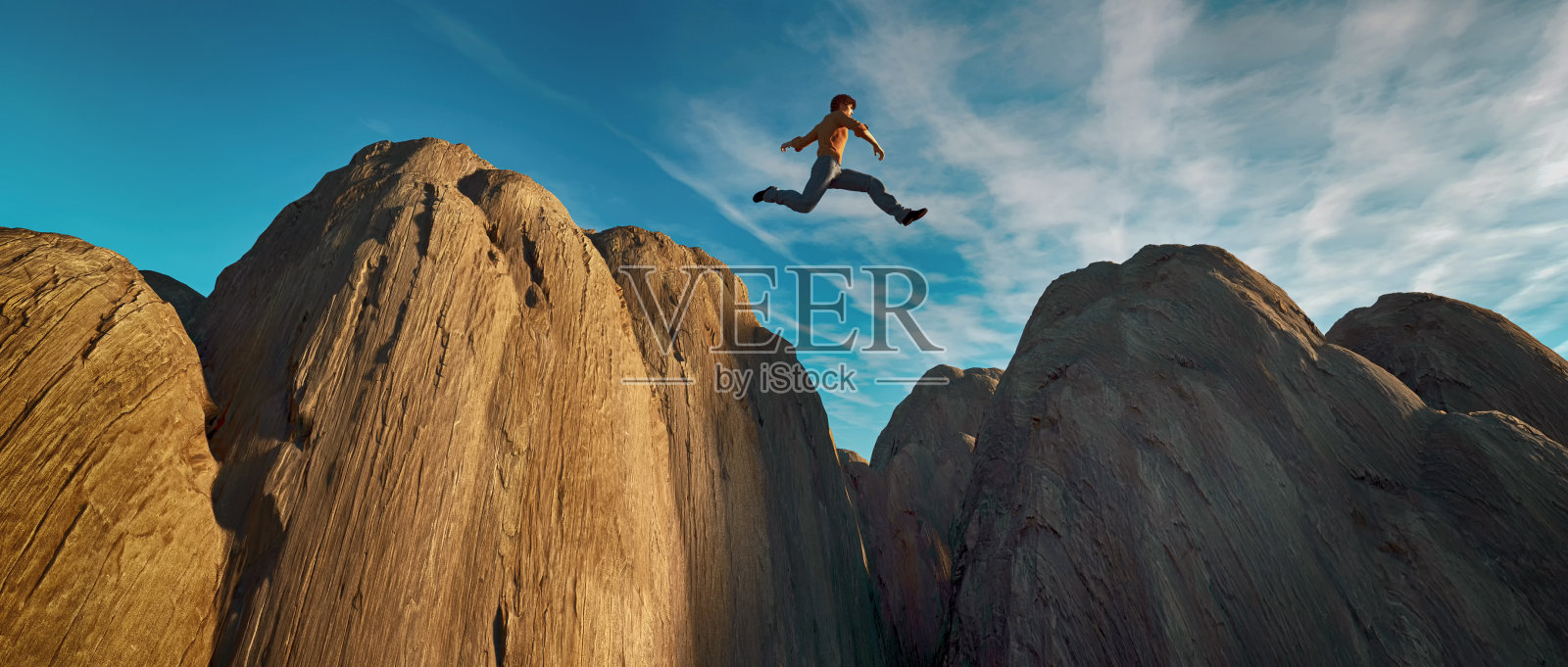 男人在岩石山峰上跳跃。这是一个3d渲染图。照片摄影图片