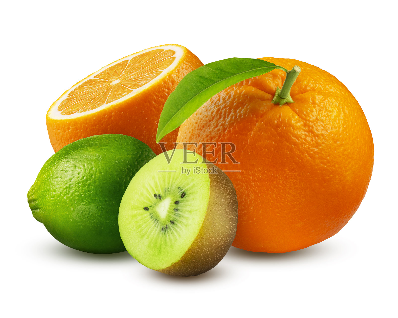 成熟的橙子果实，有一半猕猴桃和酸橙孤立在白色背景上照片摄影图片