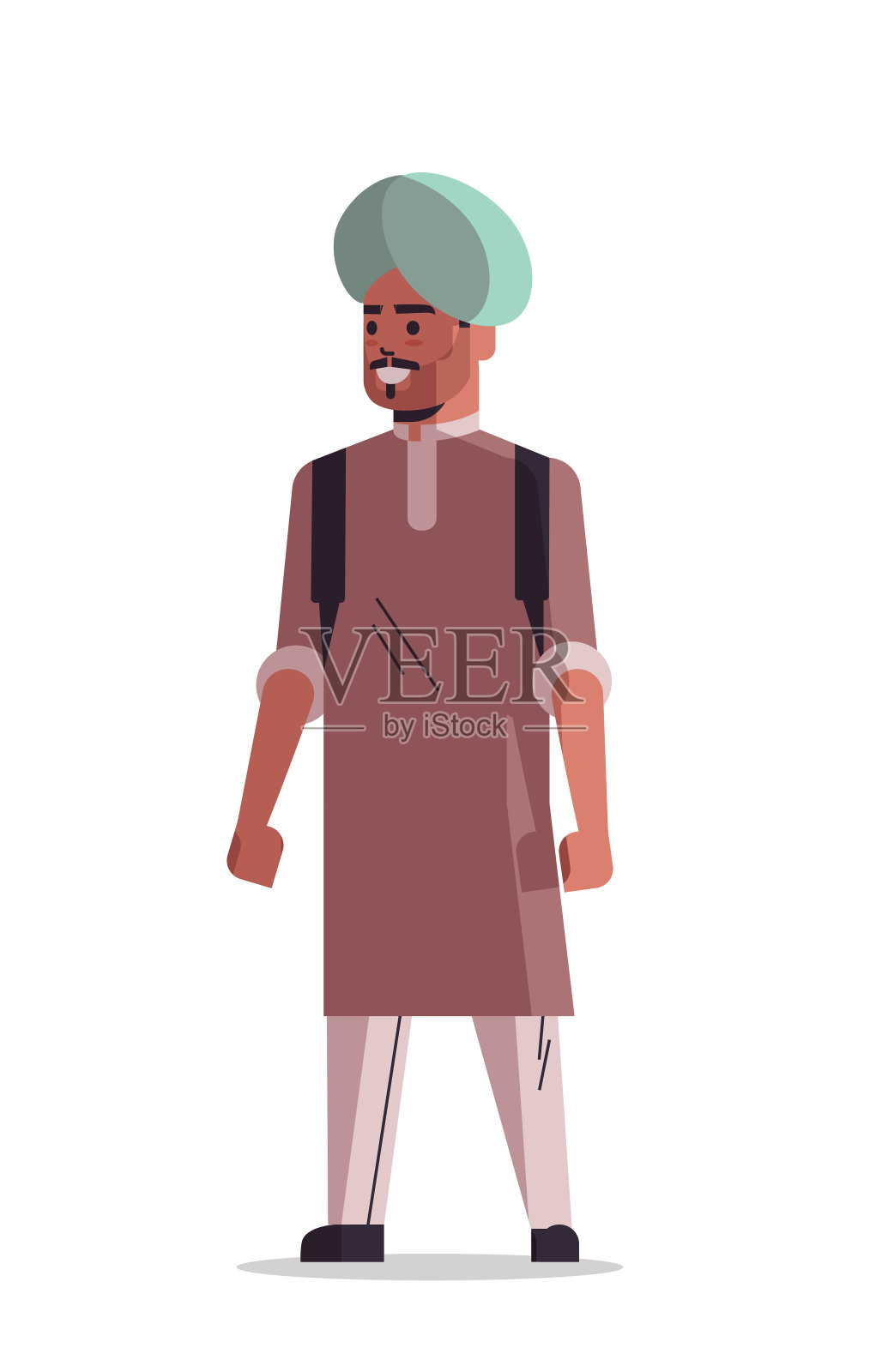 印度男子戴头巾微笑男性卡通人物站立姿势全长孤立垂直插画图片素材