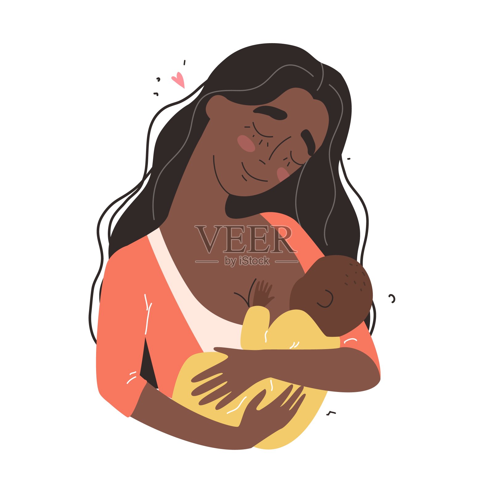 美丽的年轻黑人非洲裔美国母亲母乳喂养她的孩子。妇女拥抱婴儿，用母乳喂养。设计模板素材