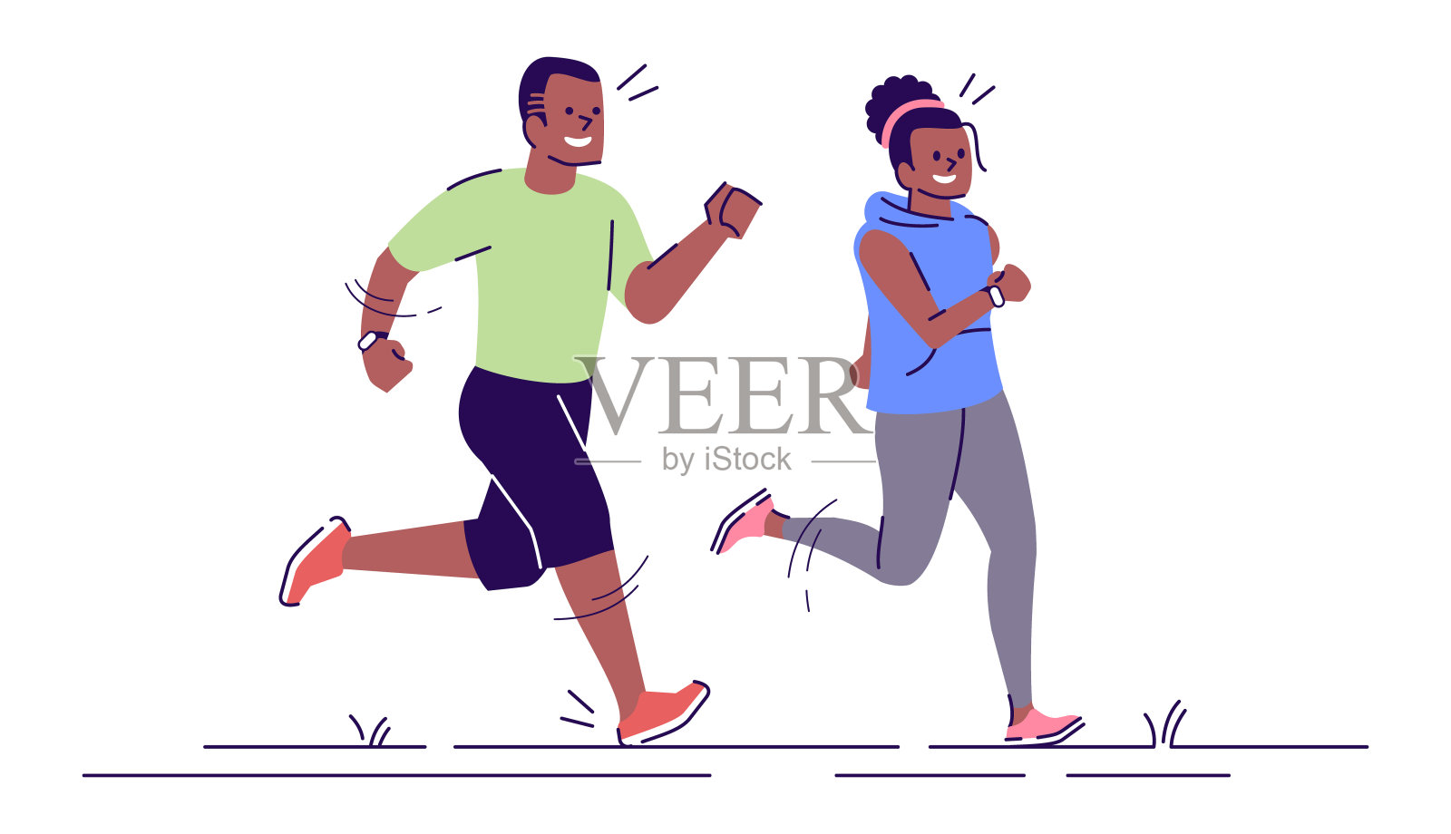 男人和女人跑步训练平面矢量插图。体育活动。慢跑的夫妇。短跑的非洲裔美国男孩，女孩孤立的卡通人物与轮廓元素在白色的背景插画图片素材
