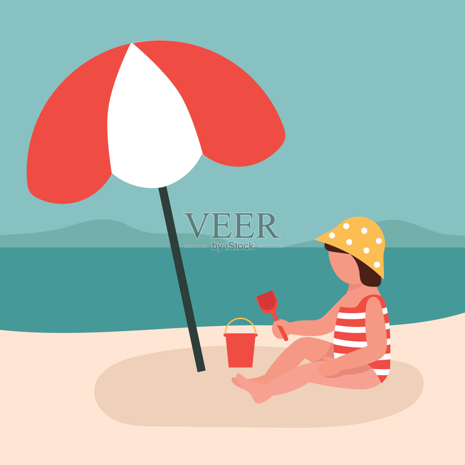 小女孩在海边的沙滩上玩，手里拿着一个勺子。一个孩子在阳光明媚的伞下。防止被太阳晒伤。平面向量插图。插画图片素材