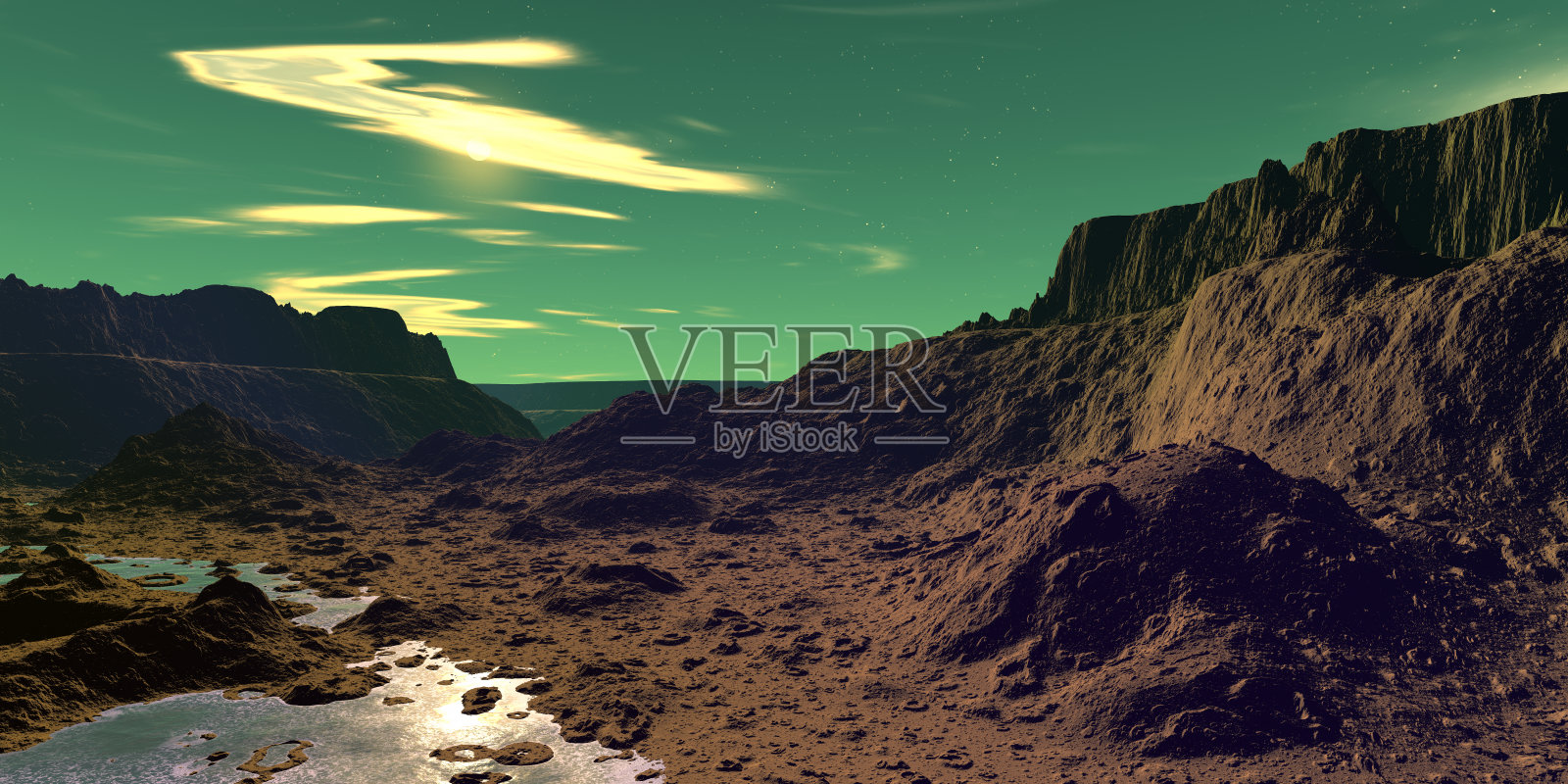 外星人的星球。山和湖。三维渲染照片摄影图片