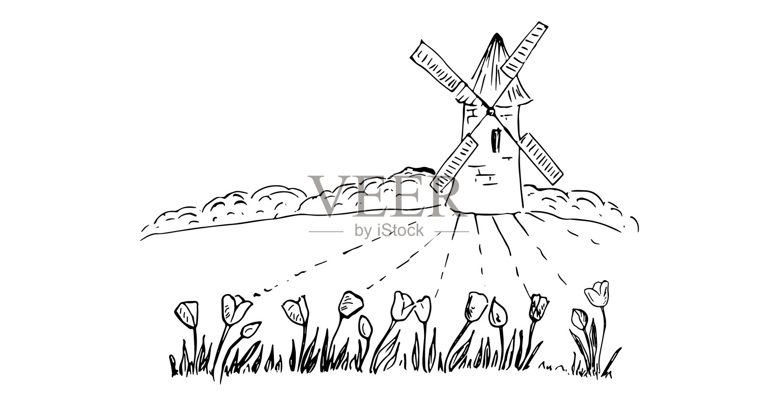 田野里的郁金香。风车。矢量插图。手绘草图。插画图片素材