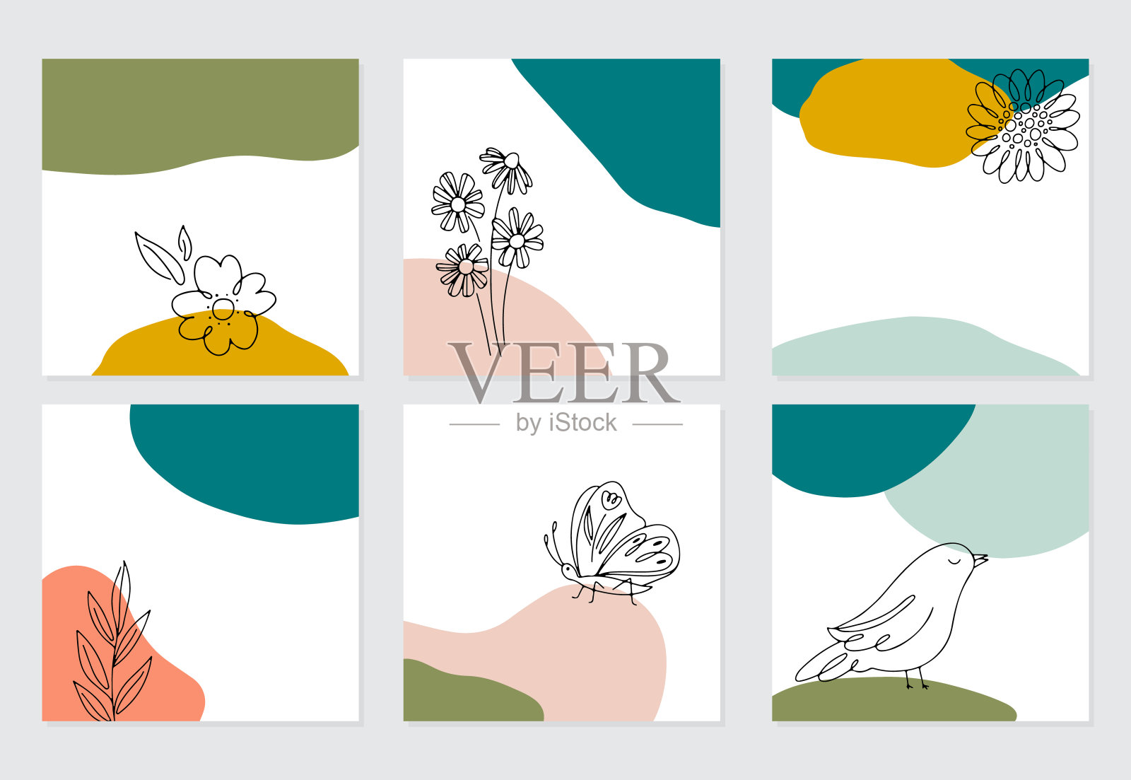 春天的卡片上有花，蝴蝶和鸟插画图片素材