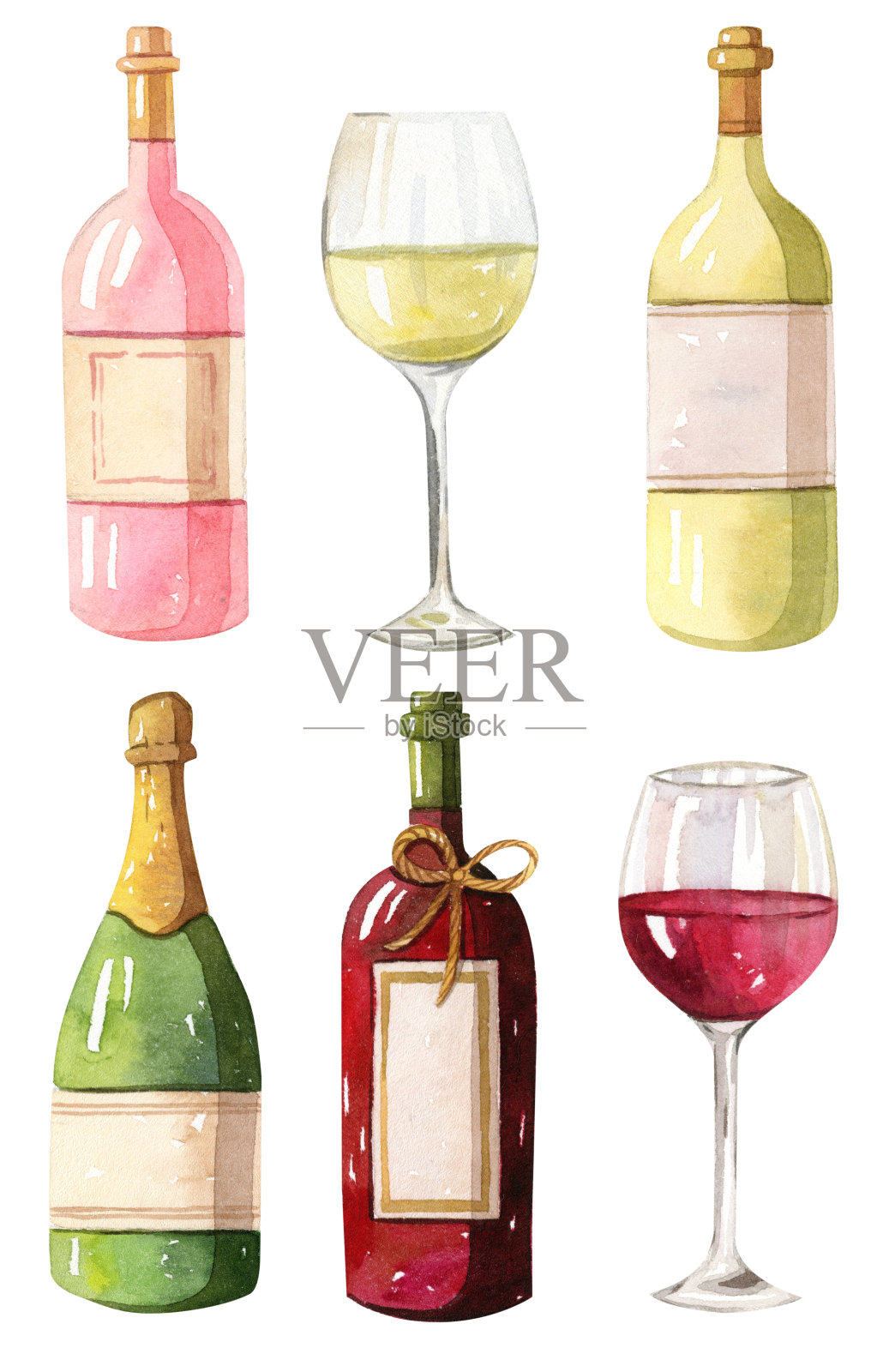 水彩插图-酒瓶-红，白，玫瑰插画图片素材