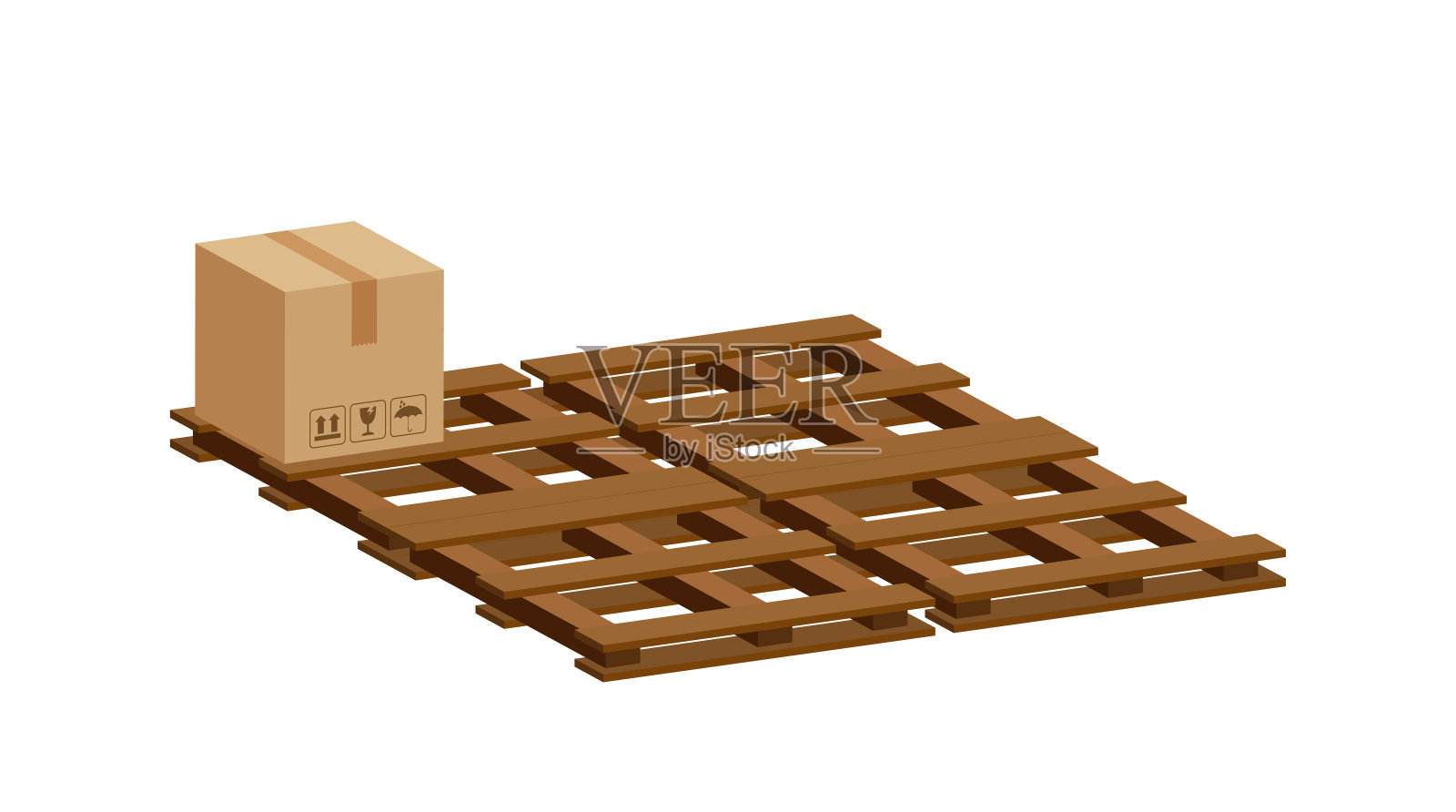 板条箱3d堆放在木托盘上，木托盘与纸板箱在工厂仓库存储，纸板箱堆砌在工厂仓库，包装货物，箱子棕色隔离在白色插画图片素材
