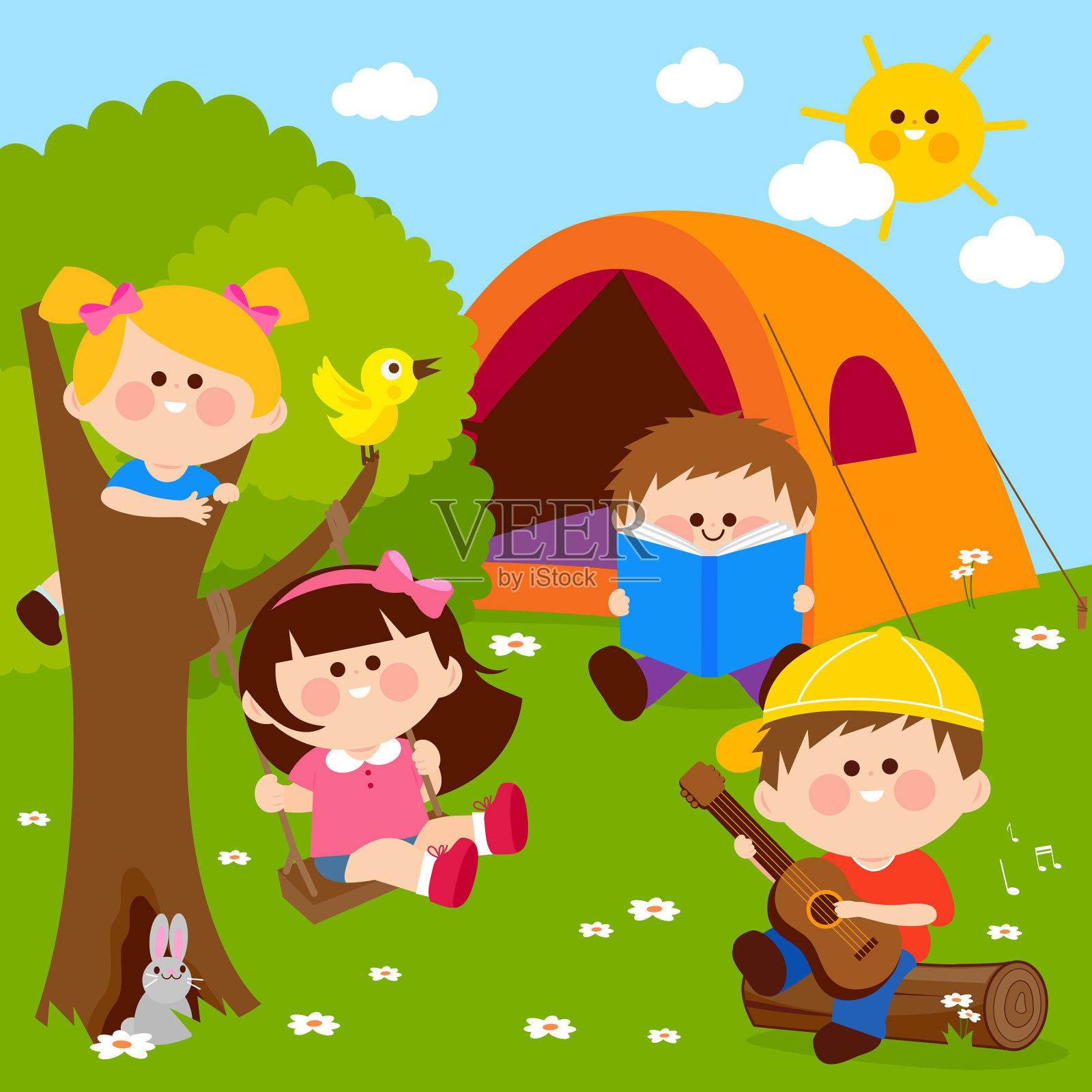 快乐的孩子们在森林露营地玩耍。矢量图插画图片素材