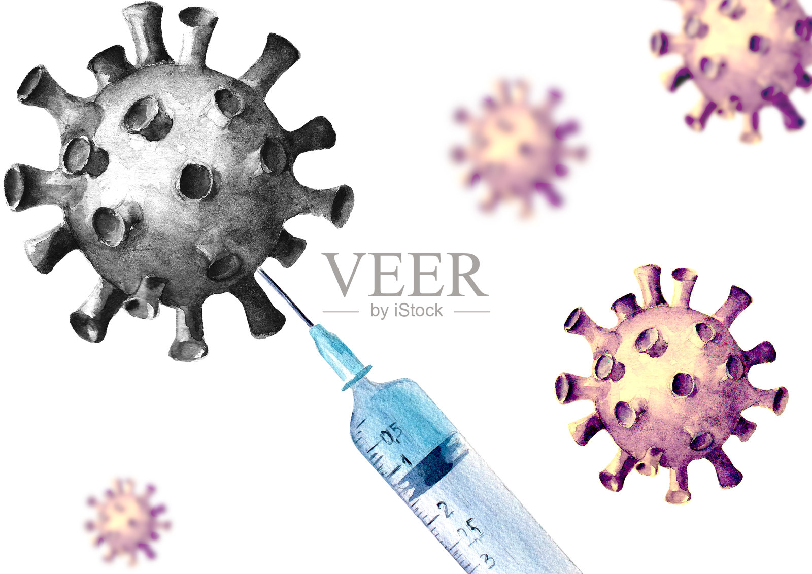 水彩切割塑料医用注射器冠状病毒COVID-19疫苗插画图片素材