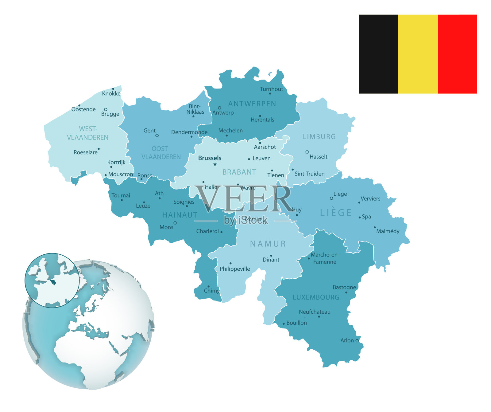 比利时行政蓝绿色地图与国家国旗和地点在全球。插画图片素材