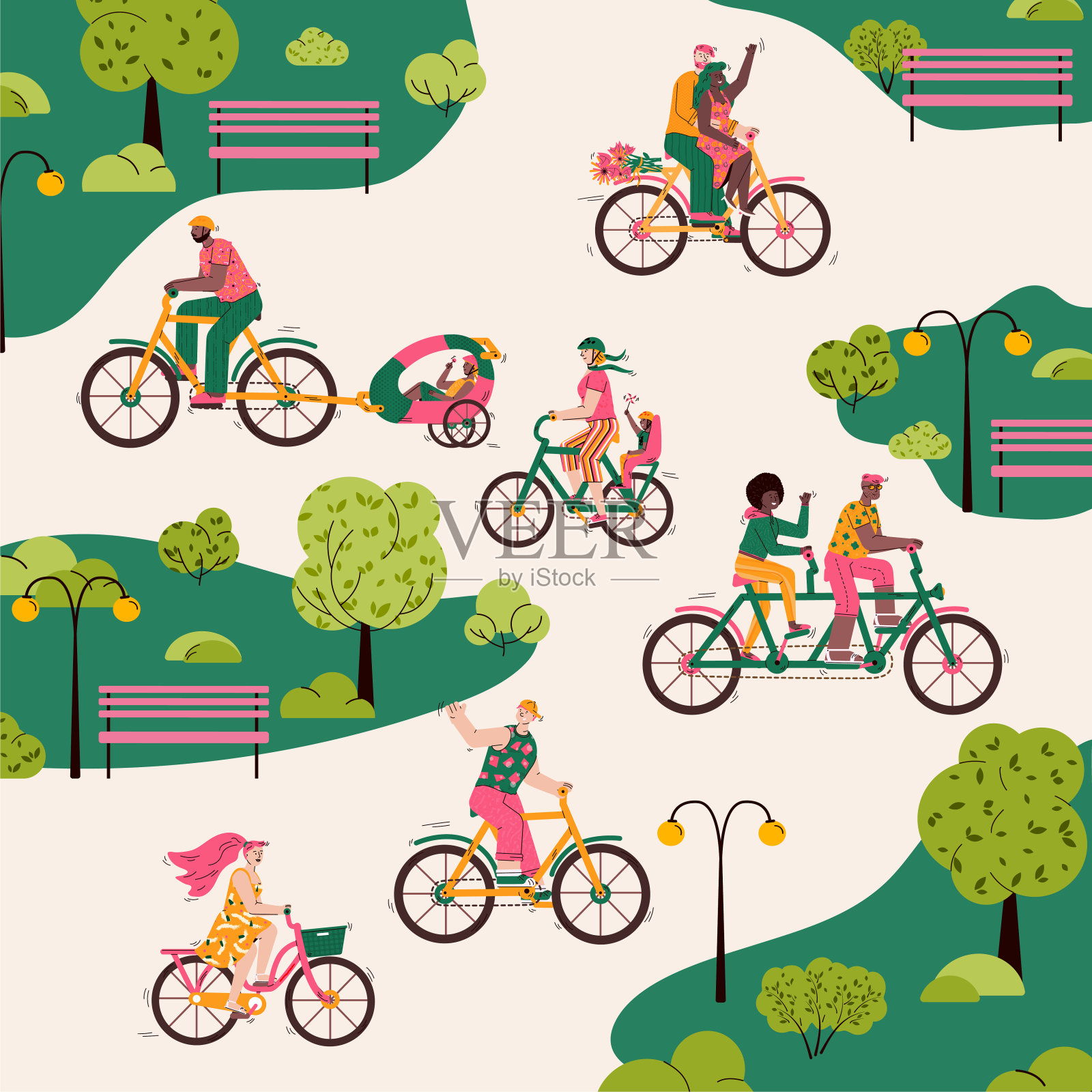 夏天的公园和骑自行车的人。不同的卡通自行车骑手插画图片素材