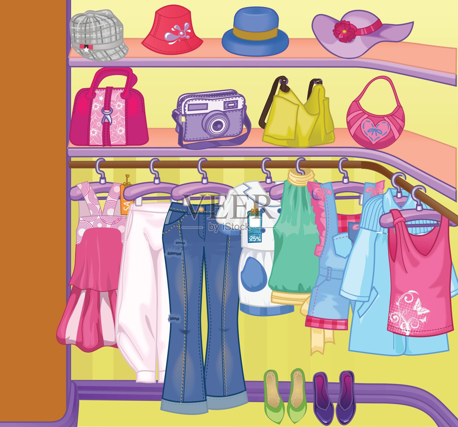 衣服的衣柜。衣橱里有衣服，包，盒子和鞋子。购物时间。插画图片素材