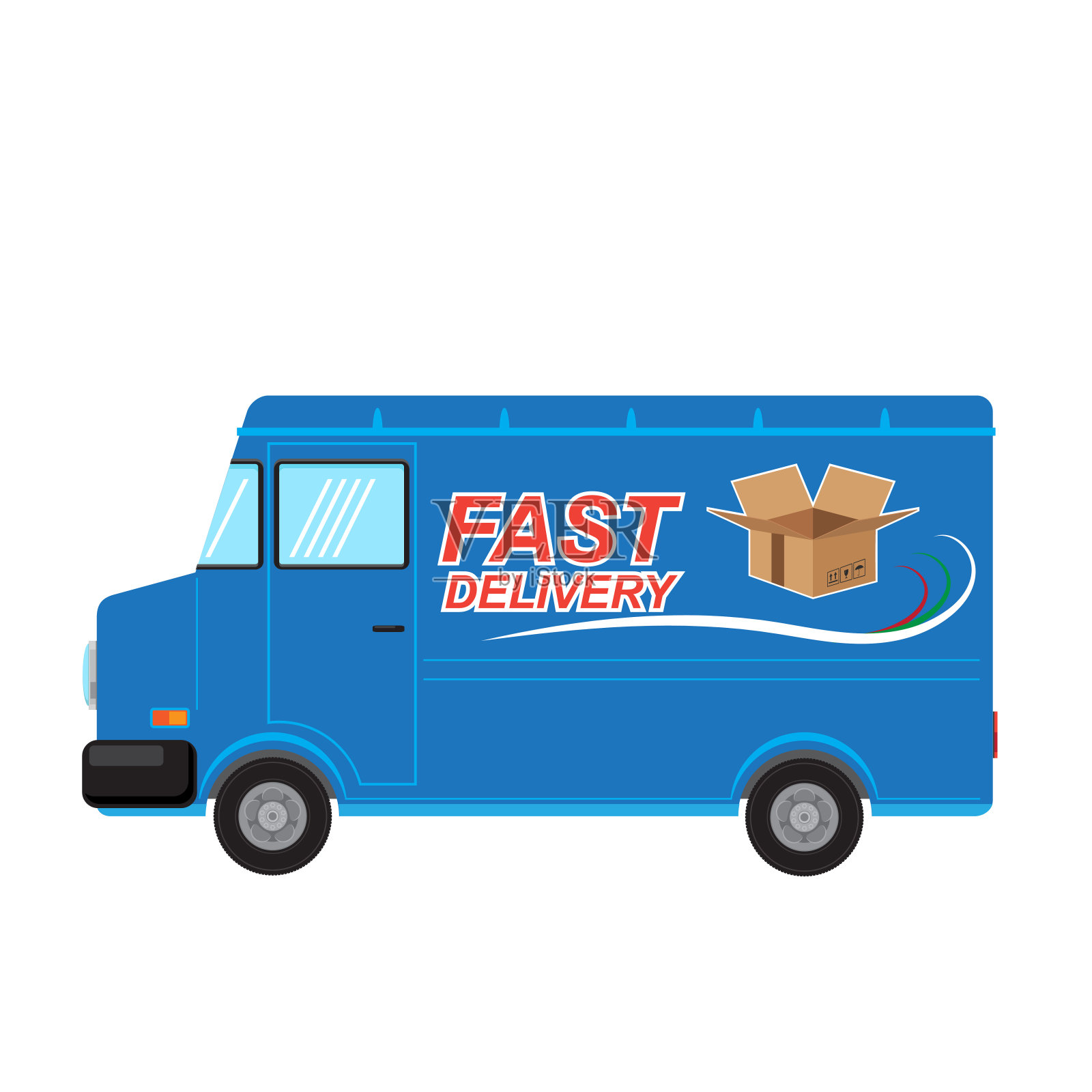 快速交付标志设计与打开的纸盒在蓝色卡车。侧视图。插画图片素材