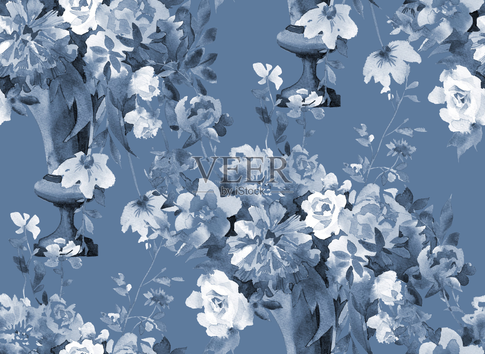 水彩玫瑰花瓶单色无缝模式插画图片素材