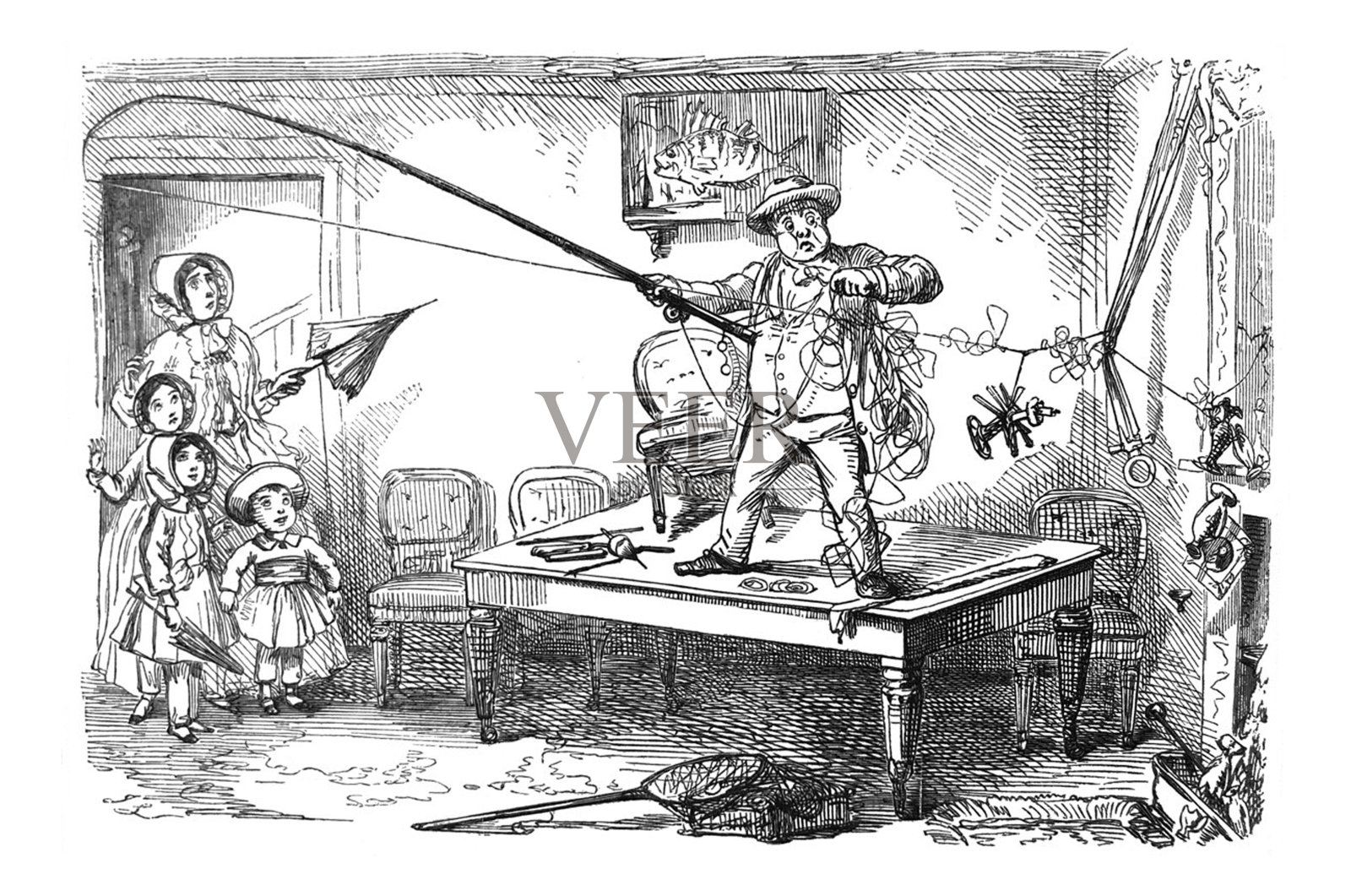 英国讽刺漫画漫画插图-男人站在桌子上用一根钓鱼竿和缠结的线与家人看插画图片素材