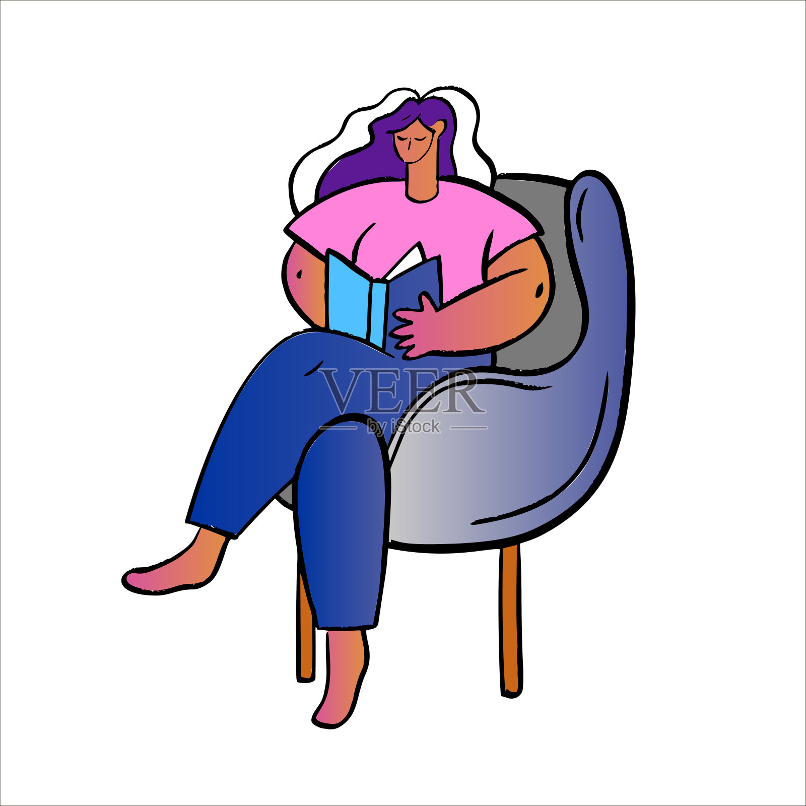 矢量股票插图与身体积极的女人与书坐在扶手椅。设计元素图片
