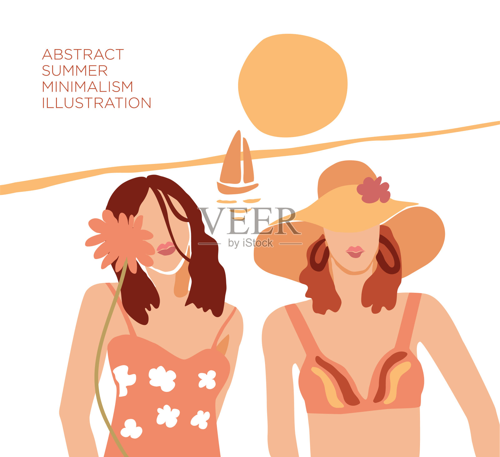 矢量手绘插图抽象现代两个年轻女人的肖像剪影在海滩上。时尚极简主义时尚女性脸平风格与花和海。简约艺术，海报印刷。设计模板素材