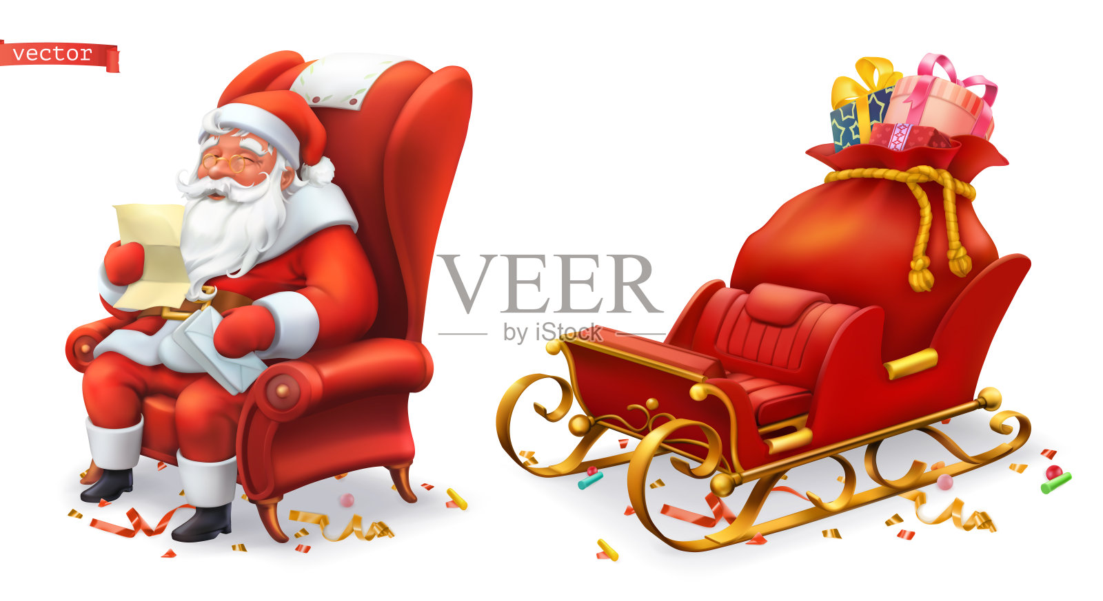 圣诞老人驾着雪橇带着礼物。3 d矢量图标插画图片素材
