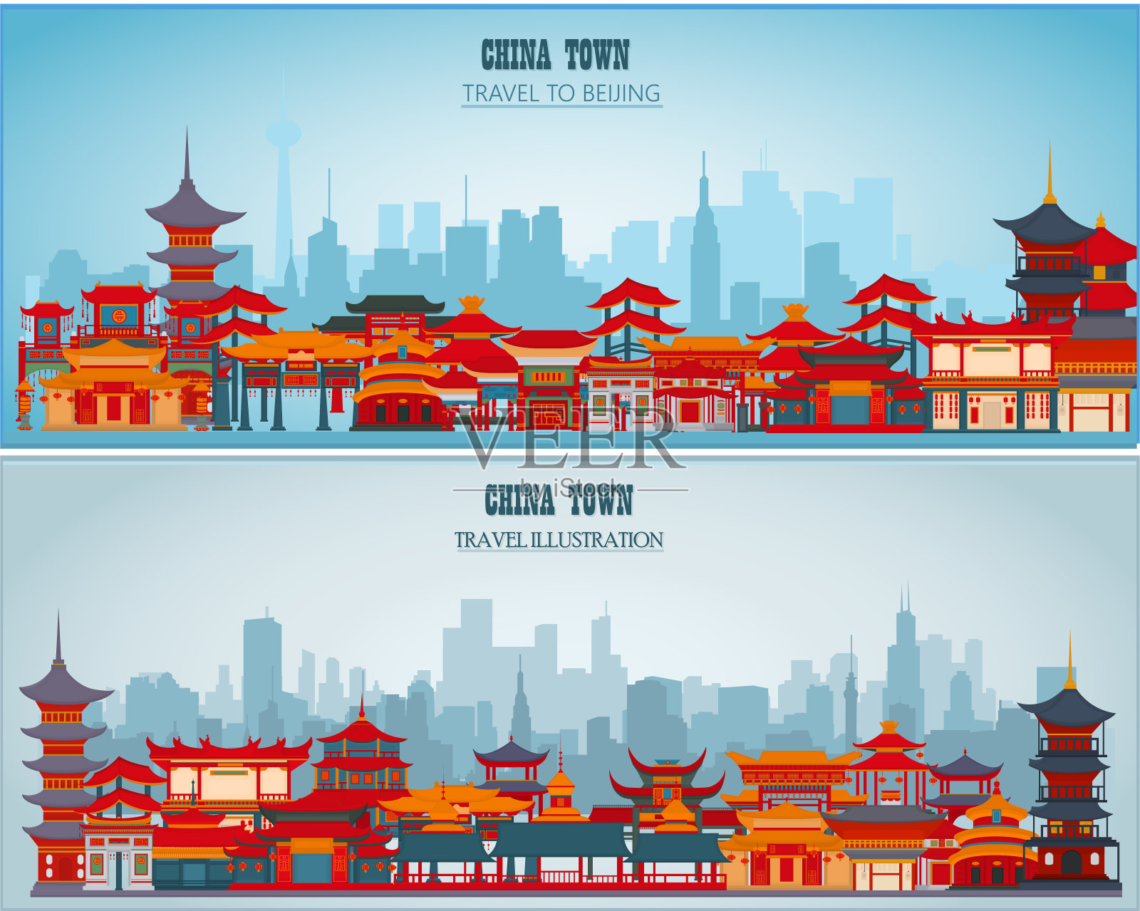 带有中国传统建筑和大门的矢量贺卡插画图片素材