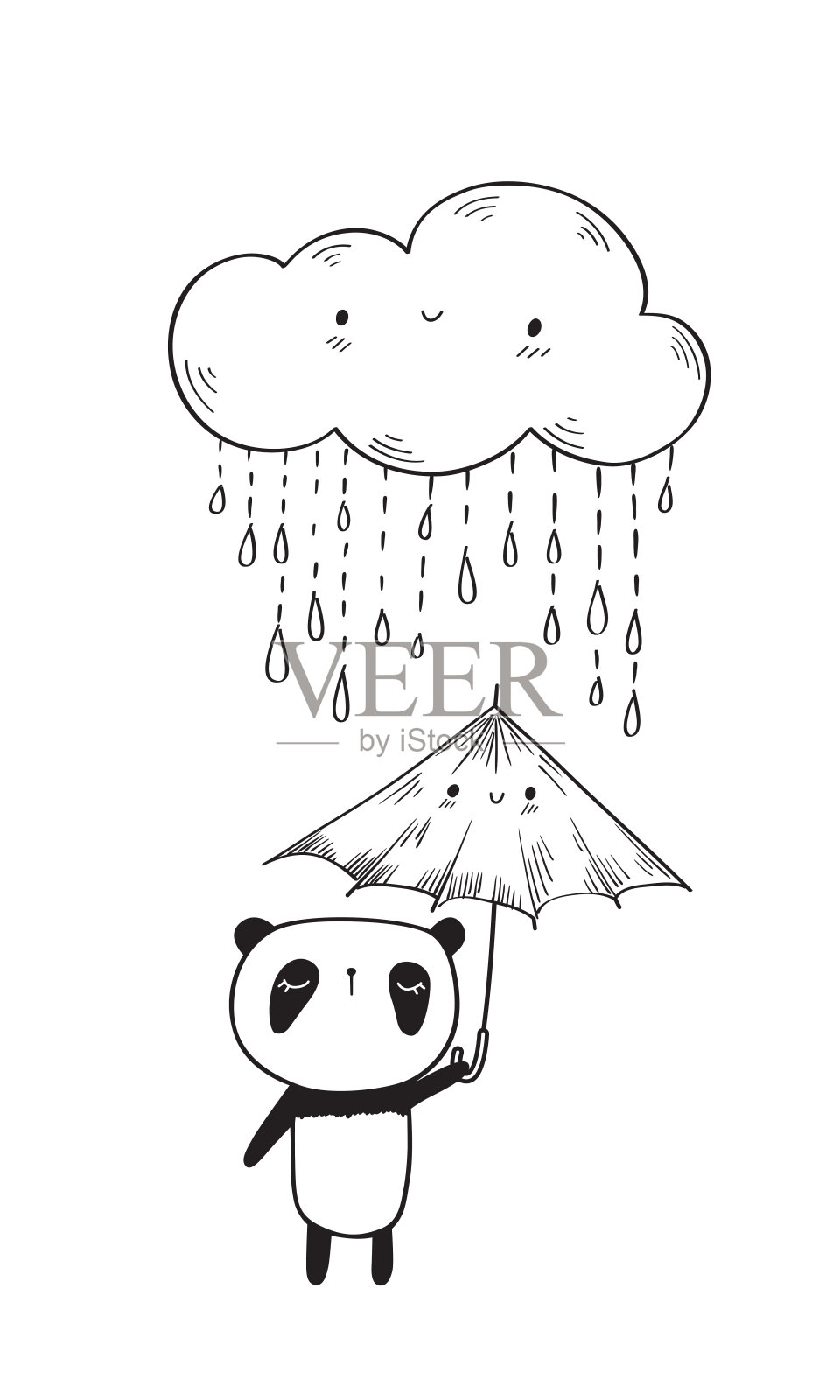 可爱的熊猫带着伞和有趣的云。设计元素图片