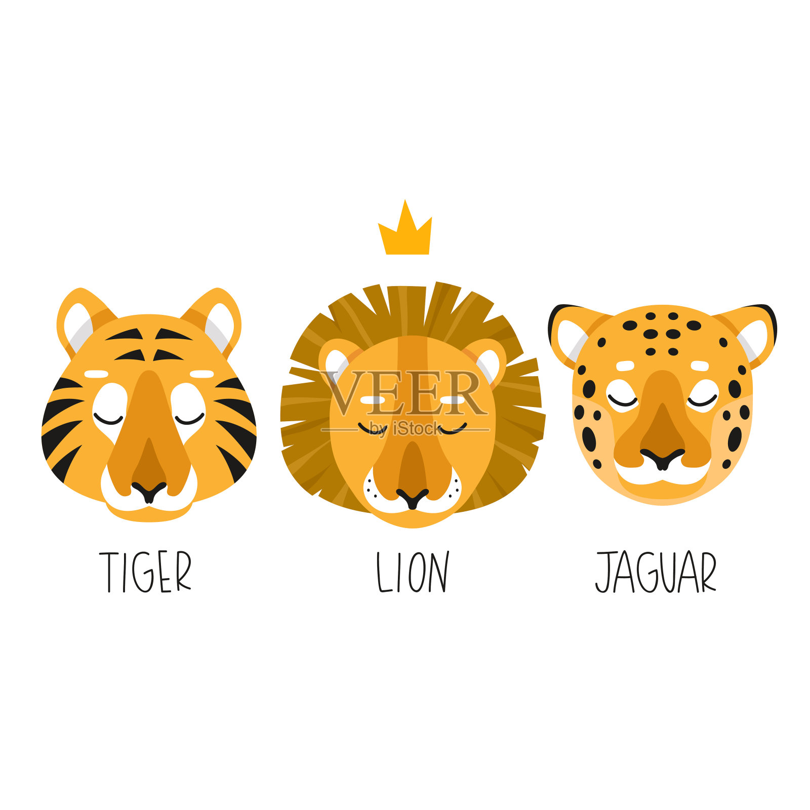一套可爱的老虎，狮子和美洲虎插图在白色的背景插画图片素材