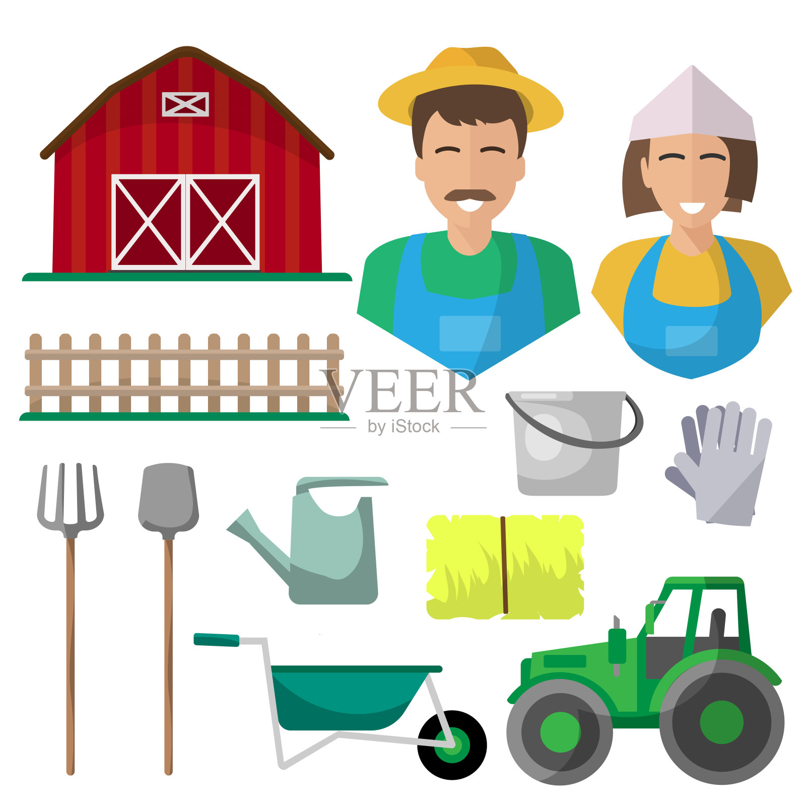 农场，白色背景上的孤立图标。干草，拖拉机，水桶，栅栏，农夫，干草叉，铲子，喷壶插画图片素材