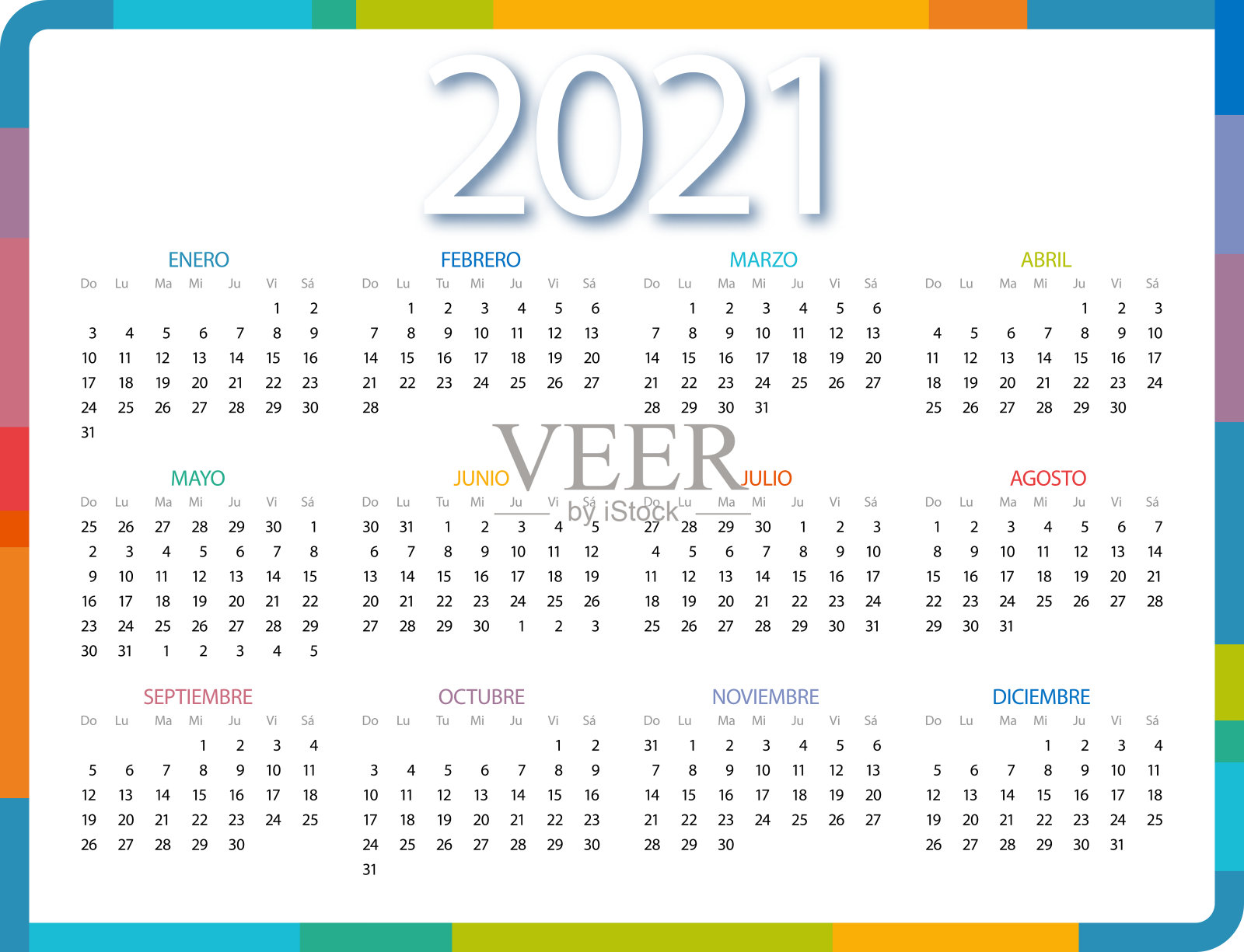 白色背景西班牙语的2021年日历。五彩历法2021年。简单的向量模板插画图片素材