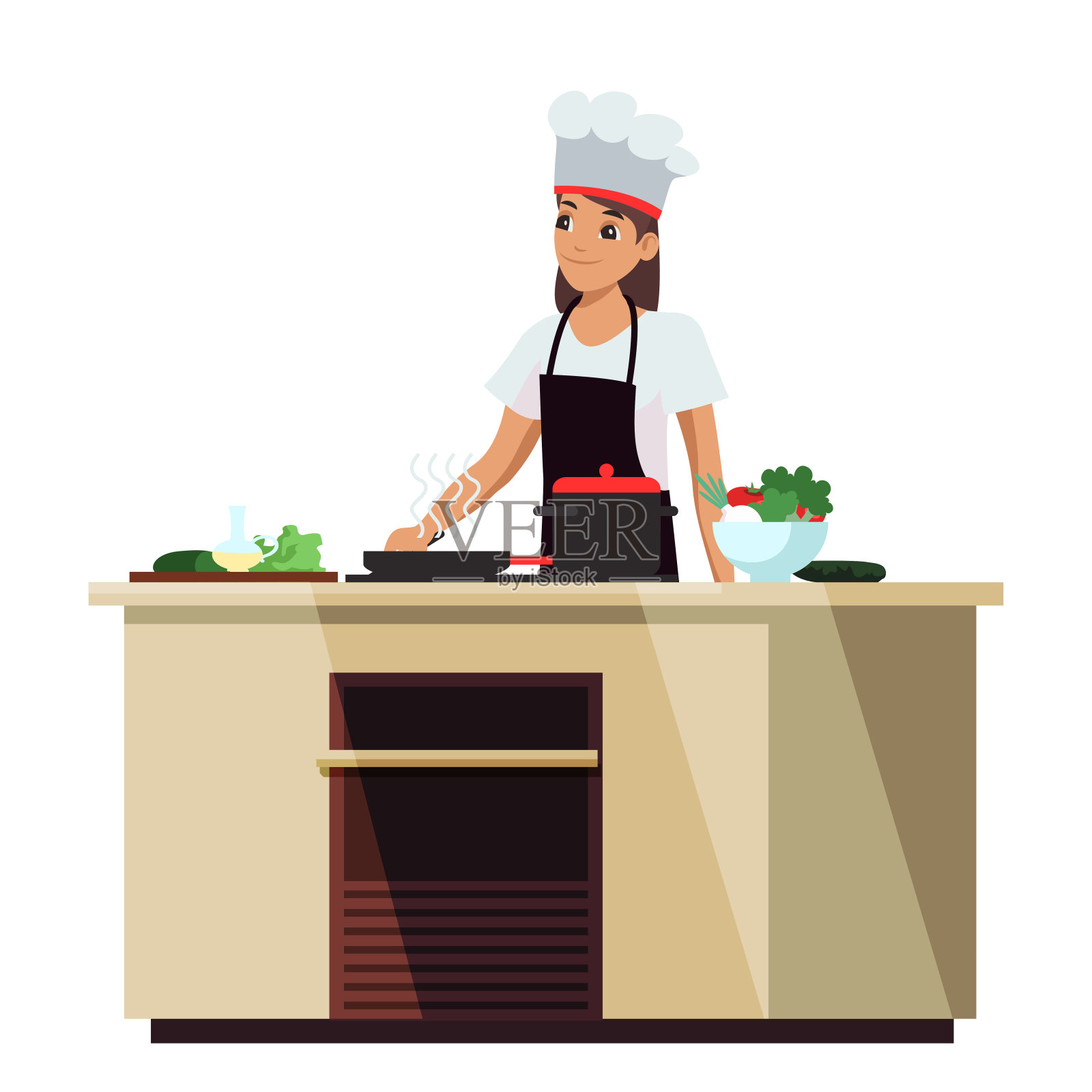 微笑的女孩厨师准备食物孤立在白色插画图片素材