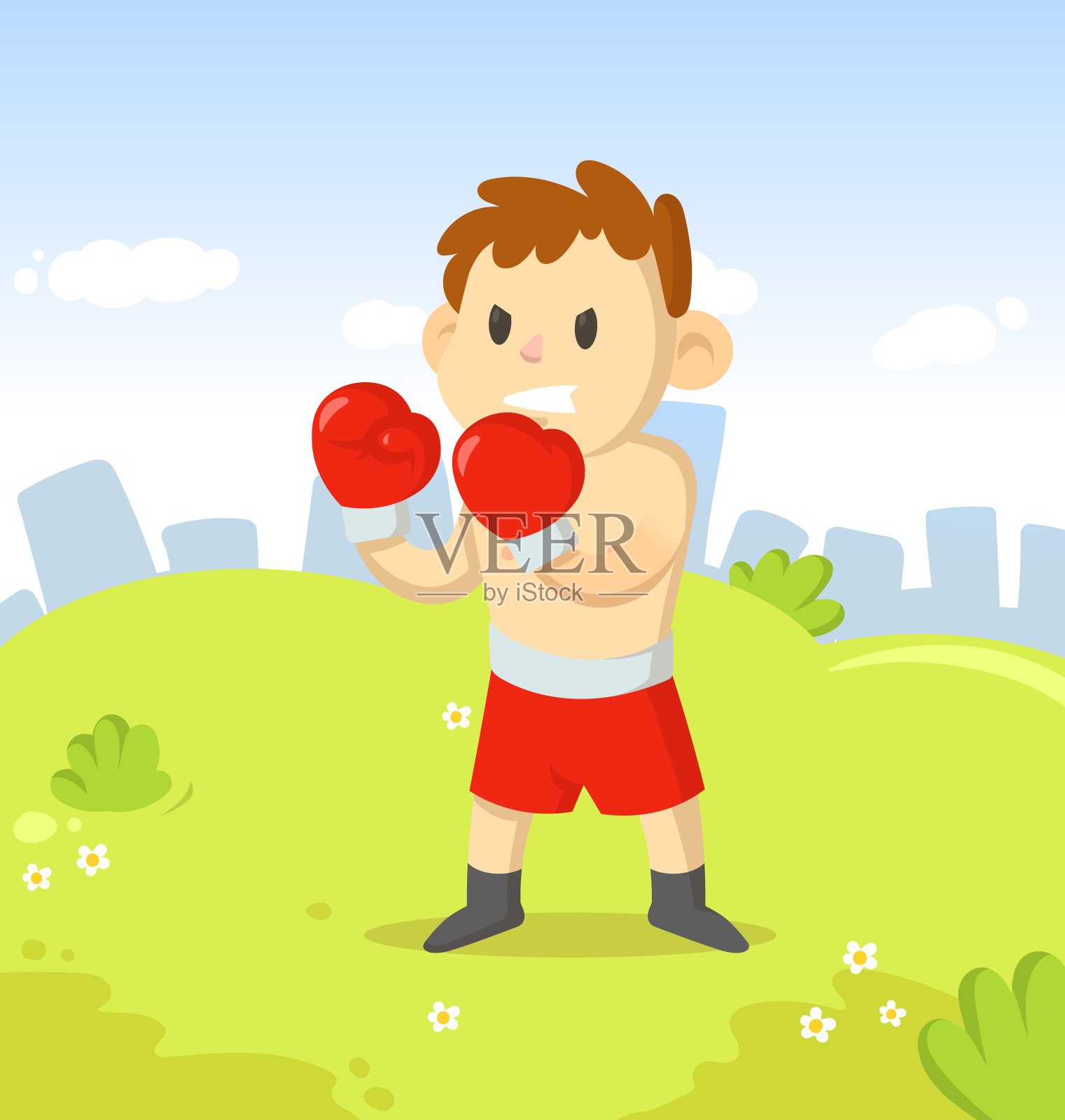 戴拳击手套的拳击男孩站在城市公园里。运动和健身。卡通矢量平面插图。设计元素图片