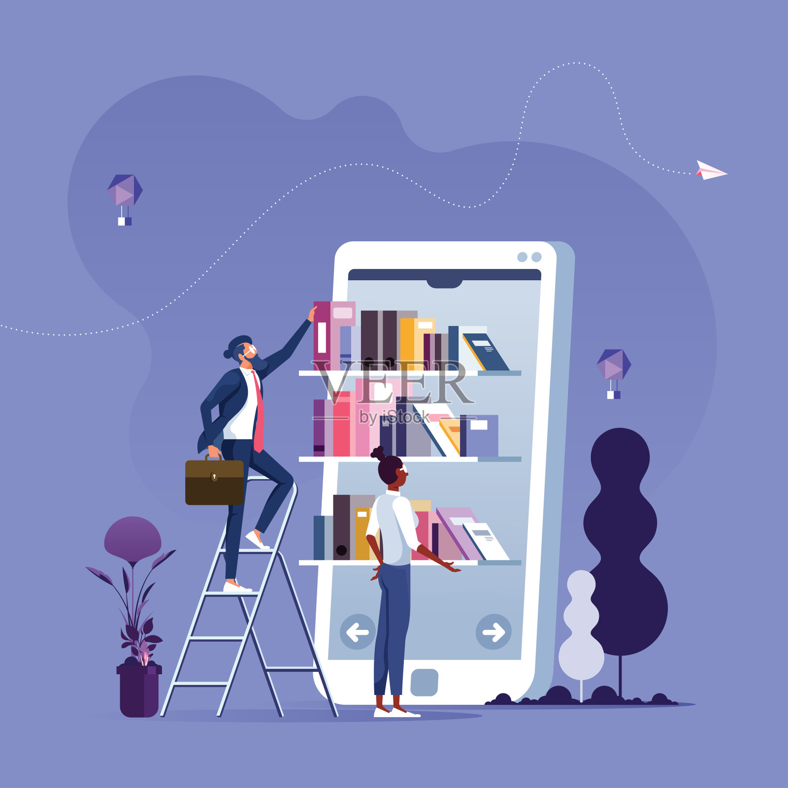 在线阅读——商人在智能手机屏幕上从书架上取书。移动图书馆的概念插画图片素材