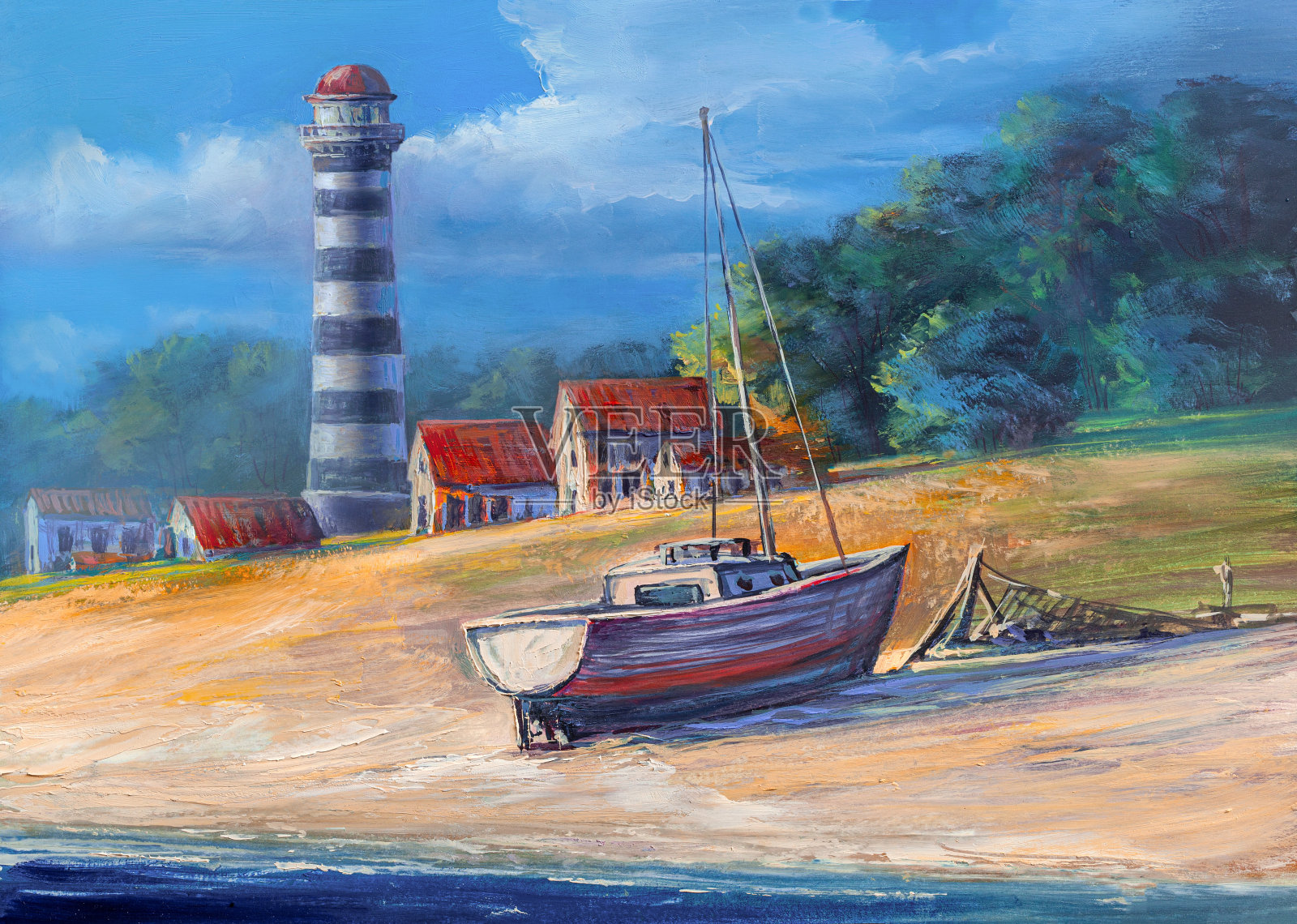 沙滩上的木制渔船。灯塔和渔场。插画图片素材