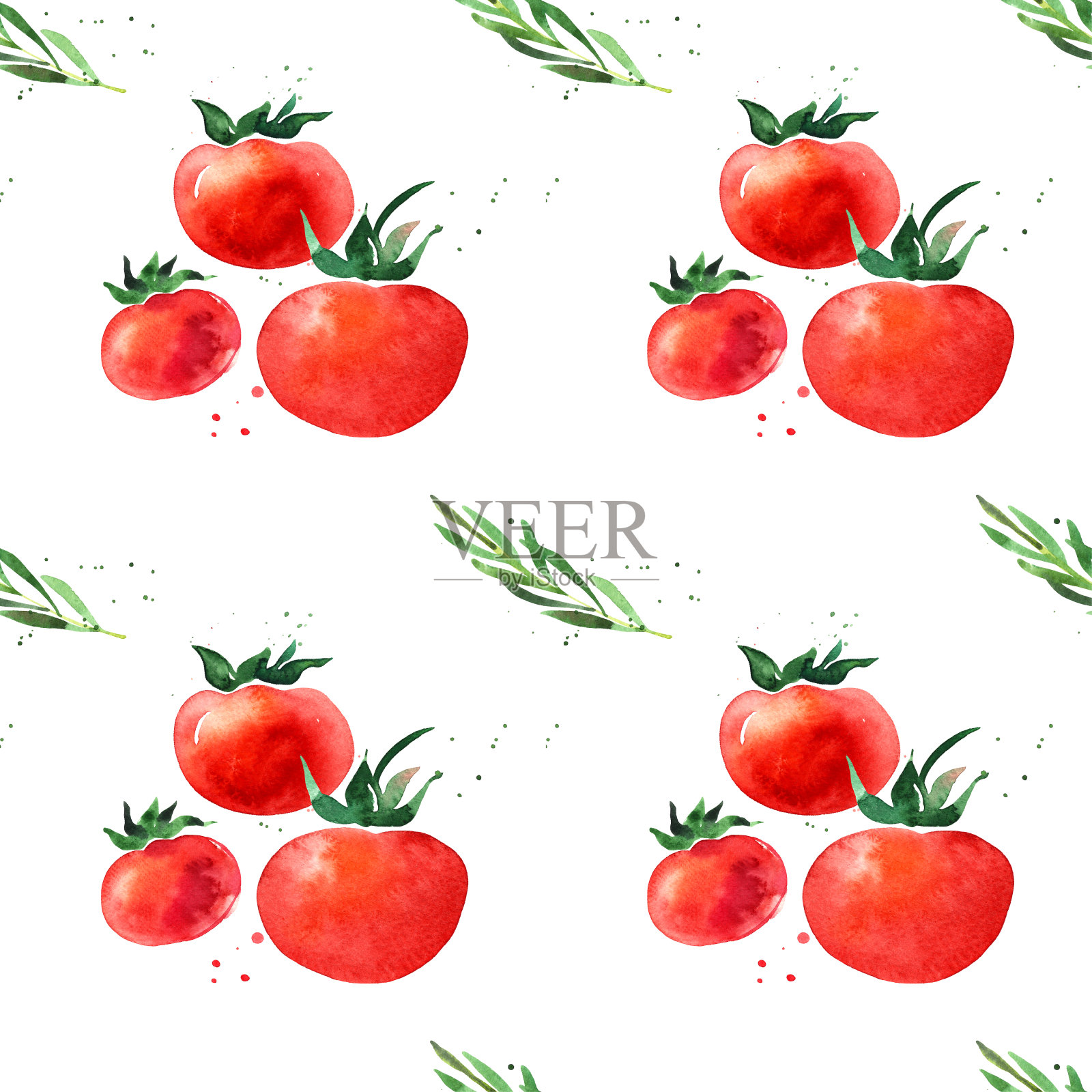 红色水彩西红柿和迷迭香图案插画图片素材