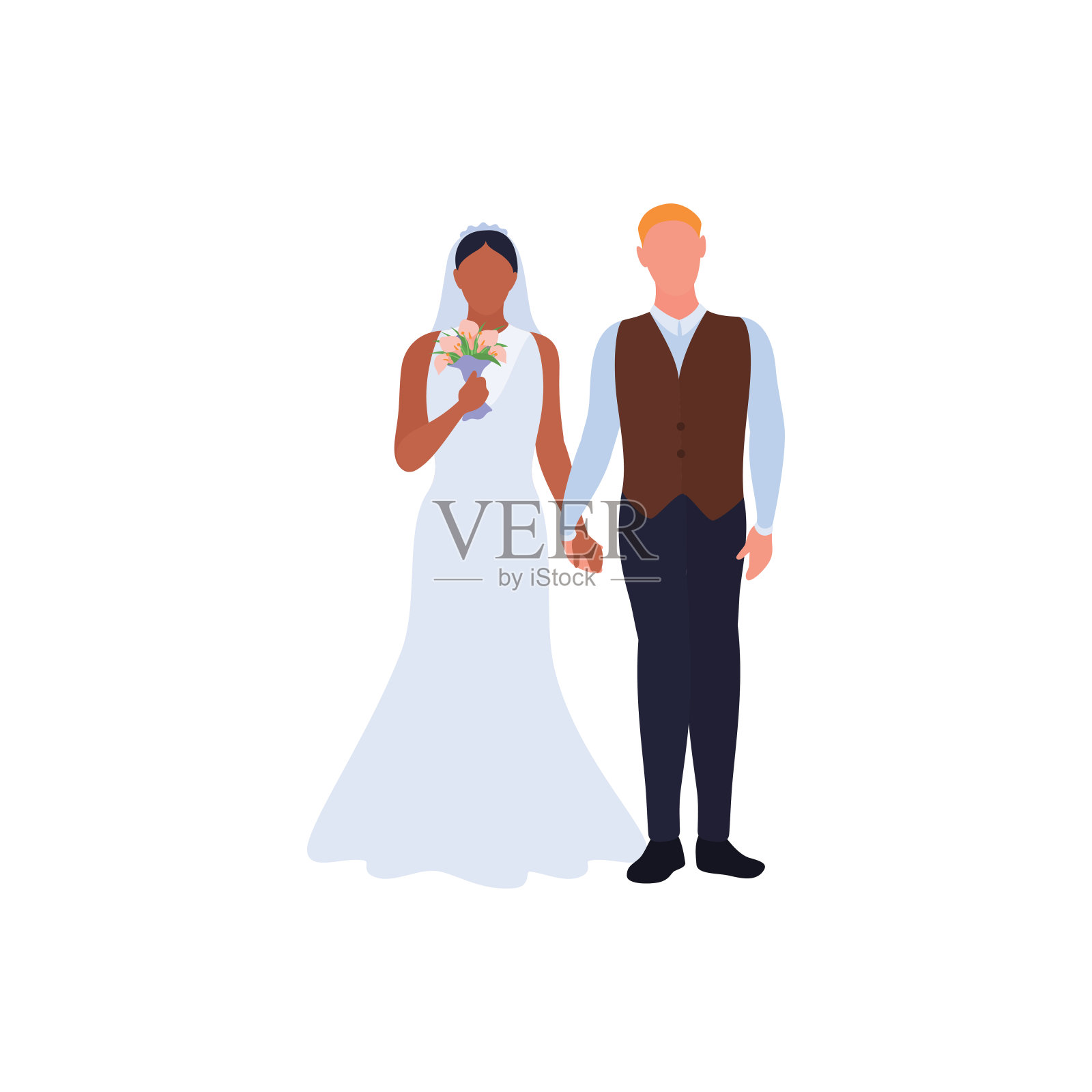 美丽年轻的新娘和新郎，相爱的夫妇牵手在婚礼的日子里。婚礼仪式。矢量图插画图片素材