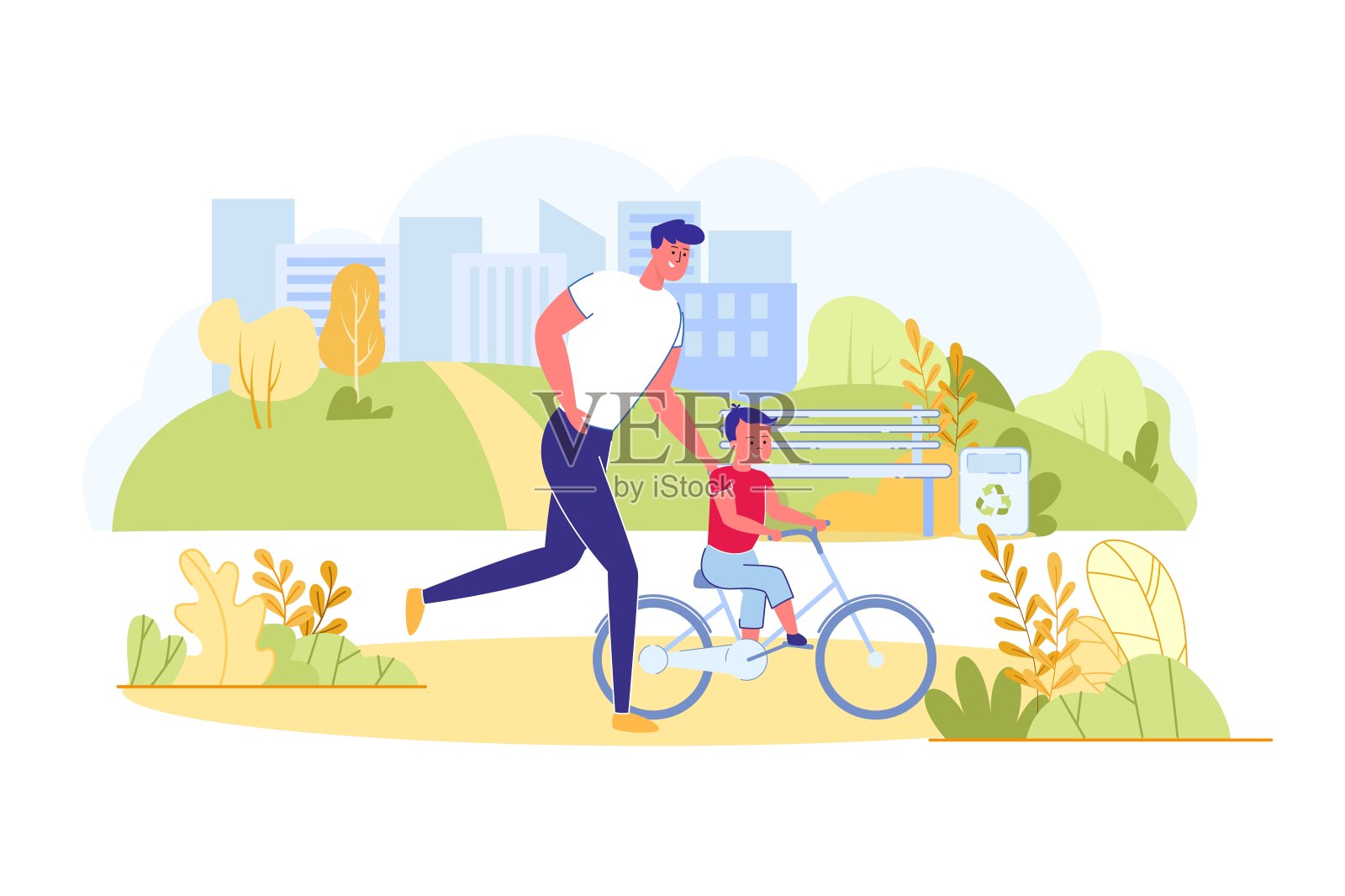 爸爸在公园里教儿子骑自行车。插画图片素材