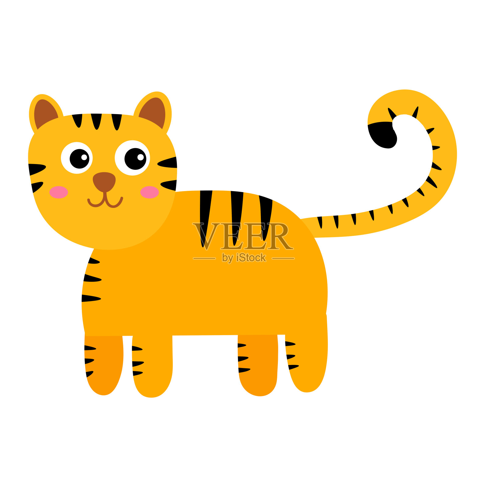 卡通快乐的老虎在平坦的风格孤立在白色的背景。矢量插图。设计元素图片