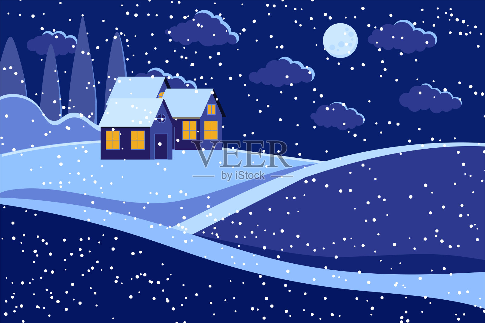 夜晚，冬天的风景景色与月亮和房子。插画图片素材