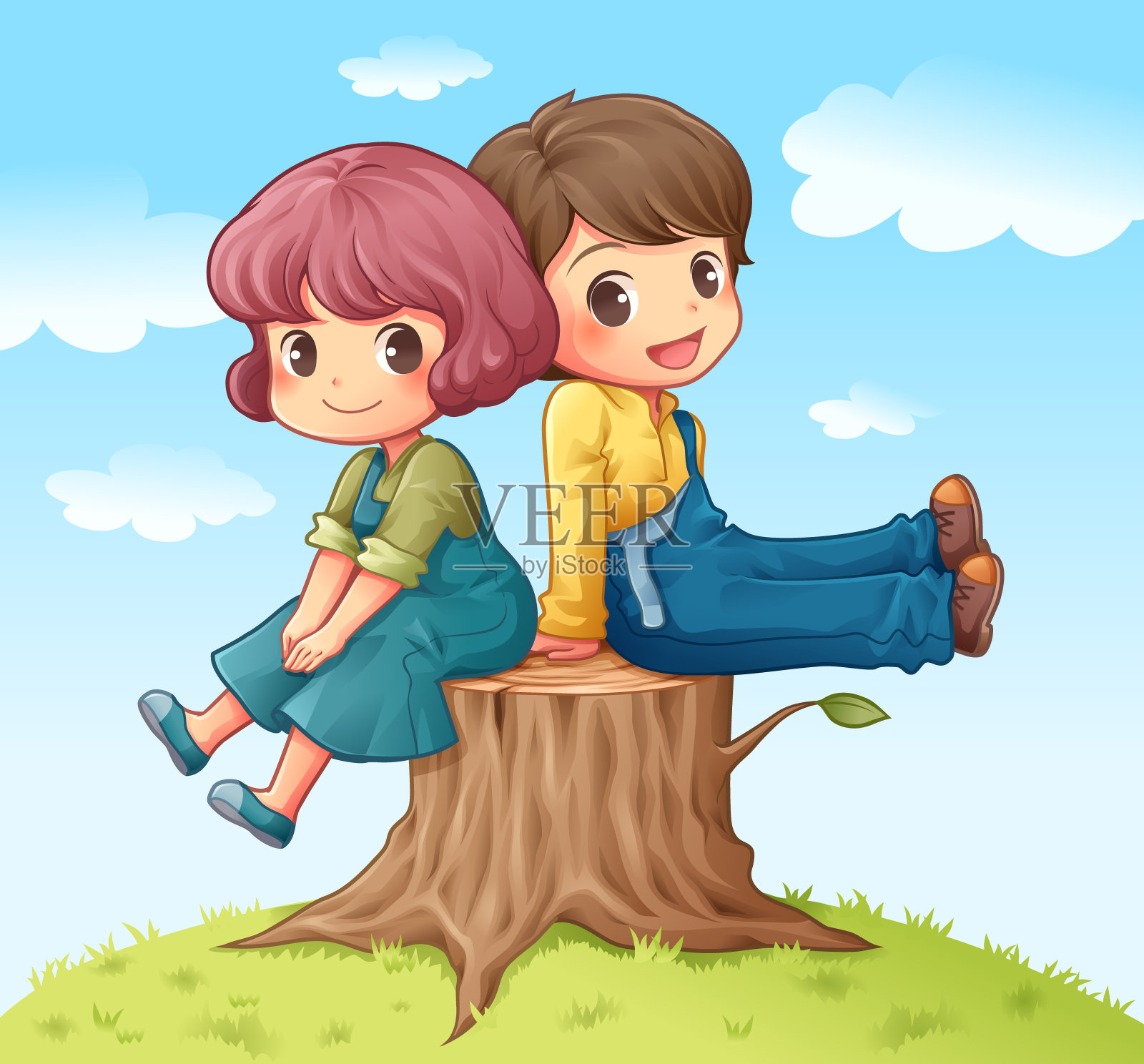 一个男孩和一个女孩坐在树桩上设计元素图片