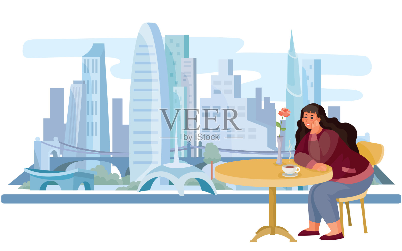 在这个大城市的背景下，一个女孩坐在咖啡桌旁，等待一个男朋友或女朋友，矢量图设计元素图片