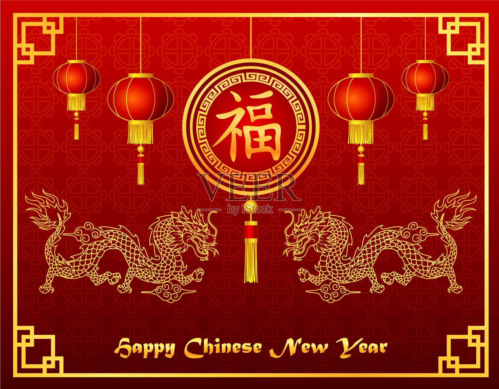 中国新年有灯笼和金龙设计模板素材