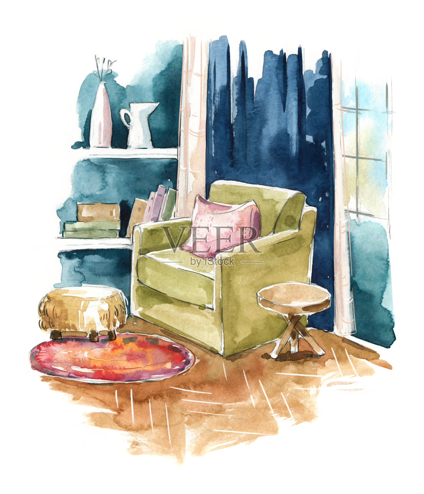 客厅室内水彩素描，一个舒适的角落与扶手椅靠窗插画图片素材