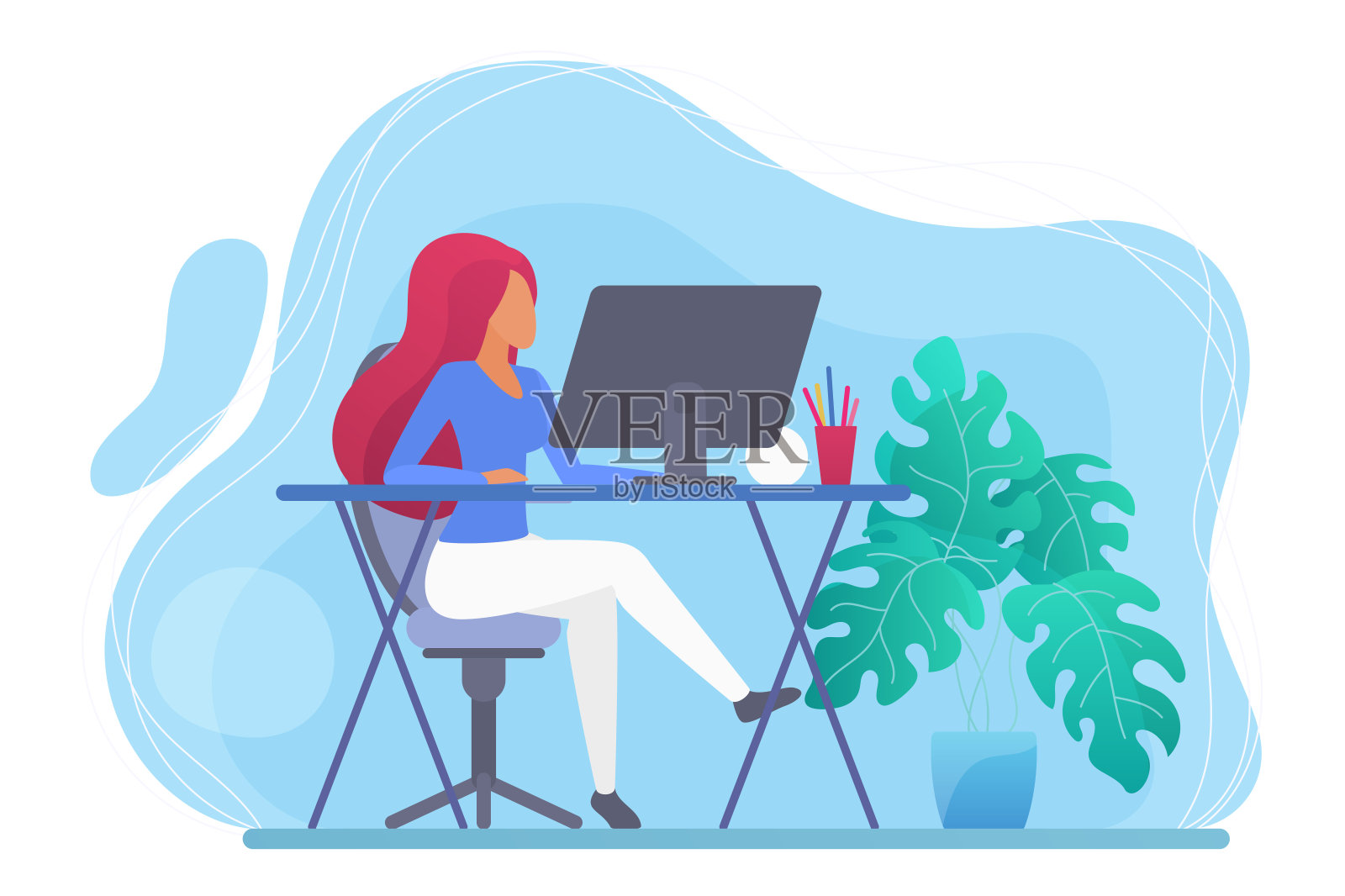 年轻女子在家工作电脑平面矢量插画概念。自由职业者女孩在桌子上与监视器工作。工作留在家里。设计师程序员女性。插画图片素材
