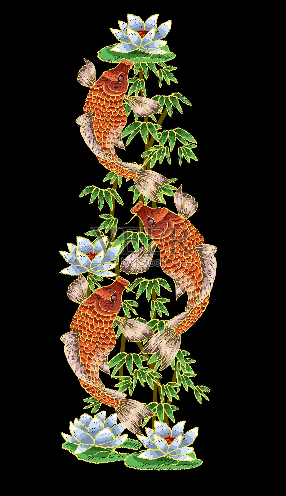 日本鲤鱼和花刺绣插画图片素材