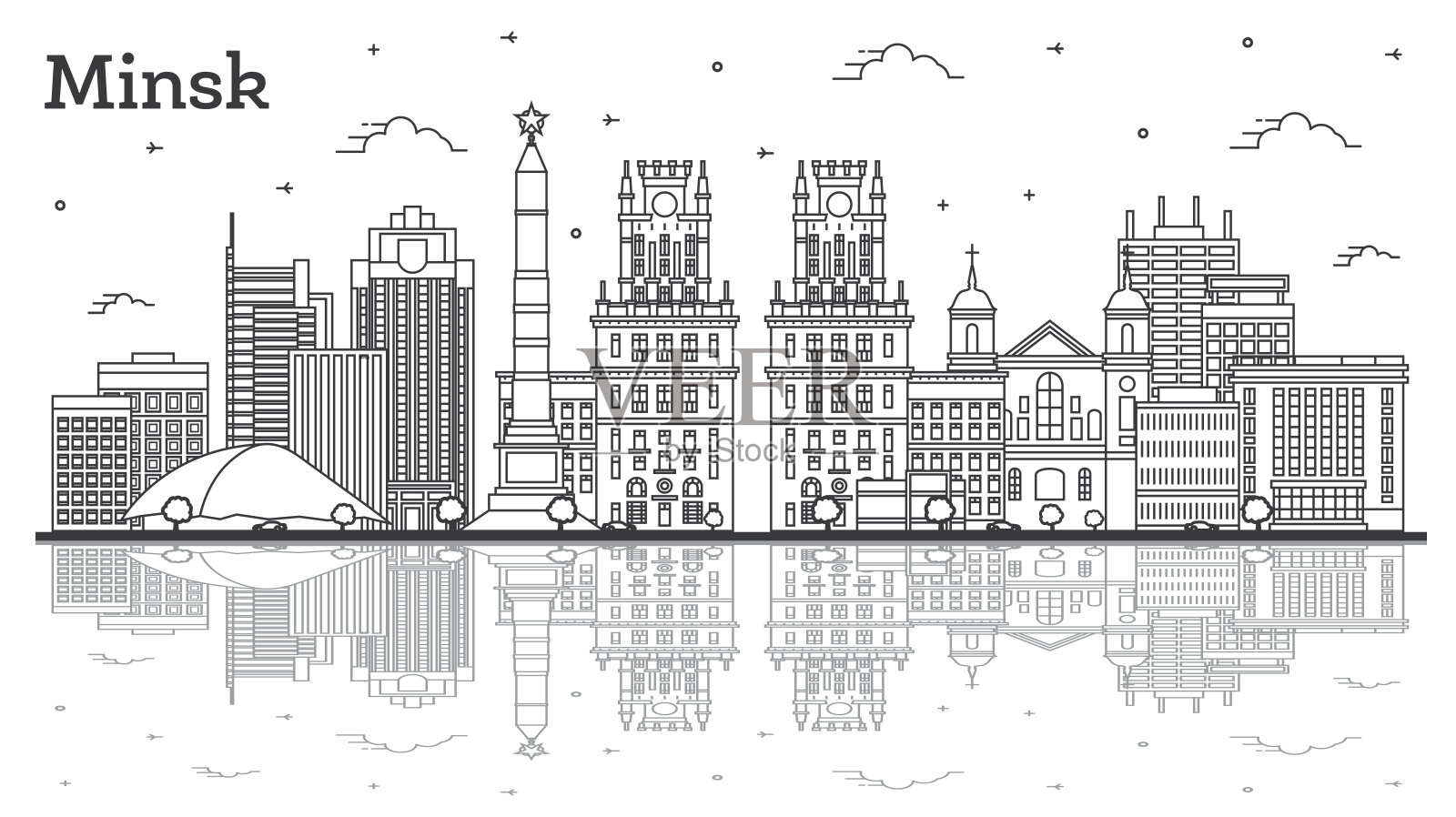 轮廓白俄罗斯明斯克城市天际线与现代建筑和反射孤立在白色。插画图片素材
